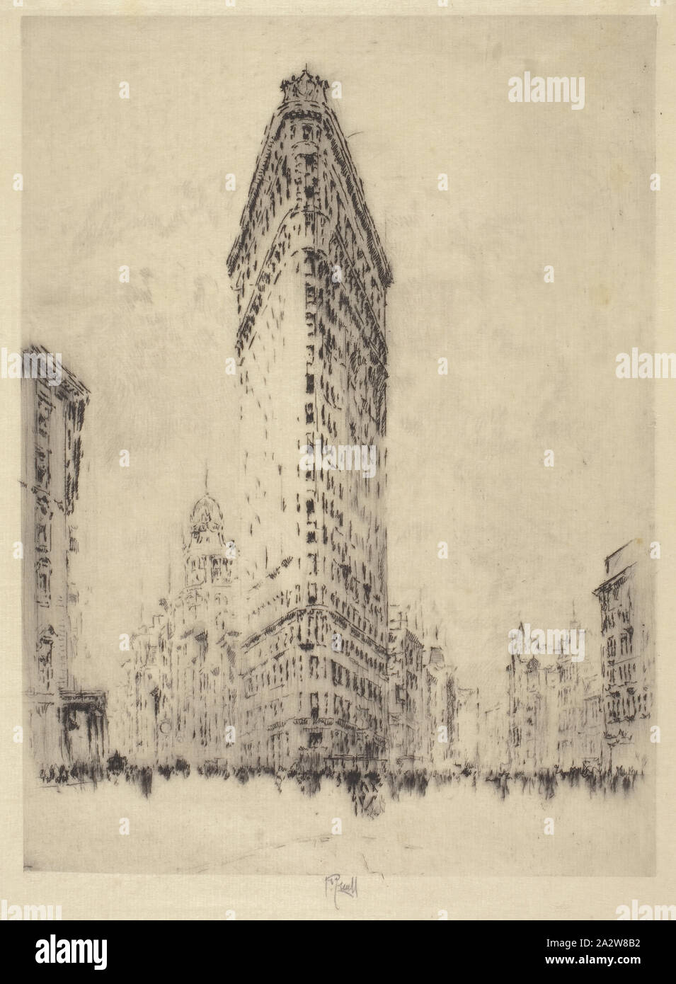 Flat Iron Building, Joseph Pennell (American, 1857-1926), aus dem 19. Jahrhundert, Tinte auf Papier, Ätzen, 10-1/8 x 7-1/2 in. (Bild) 11-7/8 x 8-3/4 in. (Blatt), in Bleistift unten Bild L.C.: J Kathrin unterzeichnet Stockfoto
