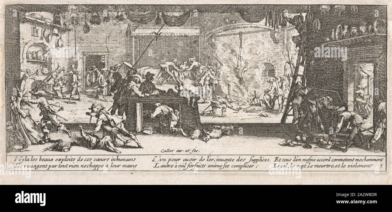 Le Plünderung d'une Ferme (Plünderung einer Farm), Jacques Callot (Französisch, 1592-1635), 1633, Radierung auf Off-white Bütten, 3-1/4 x 7-3/8 in. (Bild) 3-3/4 x 7-5/8 in. (Blatt), Serie, Les Grandes misères de la guerre (Das große Elend der Krieg Stockfoto