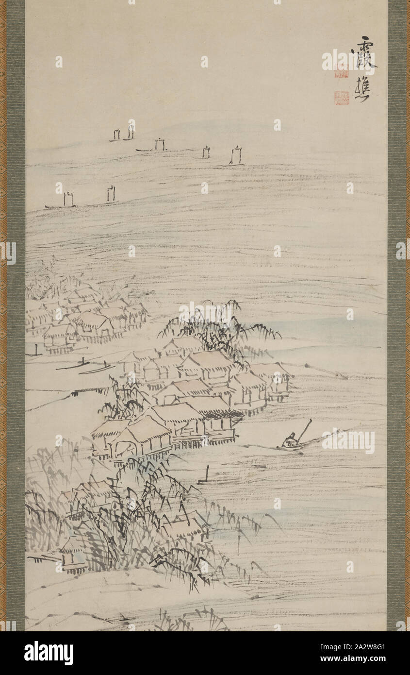 River Village und Angeln vergnügen, Ike keine Taiga (Japanisch, 1723-1776), Edo, 1723-1776, Farbe und Tinte auf Papier, 45-5/8 x 16-1/2-in. (Bild) 73-7/16 x 22-5/16 in. (Montage w/Knöpfe) 73-7/16 x 18-7/8-in. (Montage ohne Knöpfe), unterzeichnet: Kasho Dichtung: [?] Dichtung: [Ike Mumei in], Asiatische Kunst Stockfoto