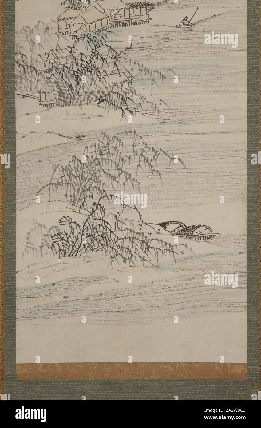 River Village und Angeln vergnügen, Ike keine Taiga (Japanisch, 1723-1776), Edo, 1723-1776, Farbe und Tinte auf Papier, 45-5/8 x 16-1/2-in. (Bild) 73-7/16 x 22-5/16 in. (Montage w/Knöpfe) 73-7/16 x 18-7/8-in. (Montage ohne Knöpfe), unterzeichnet: Kasho Dichtung: [?] Dichtung: [Ike Mumei in], Asiatische Kunst Stockfoto