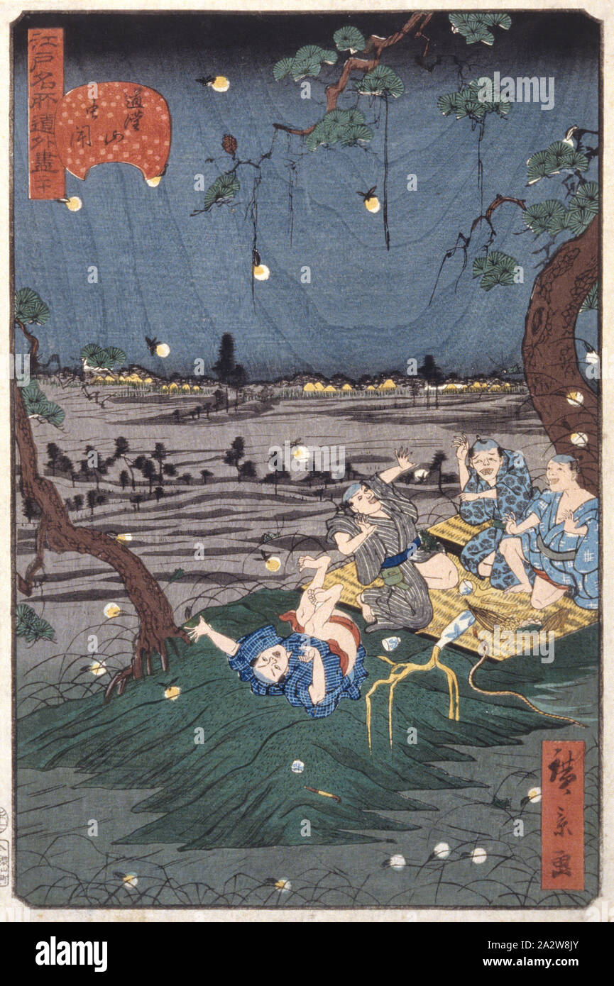 Hören zu Grillen bei Dōkanyama[20] (Dōkanyama mushikiki), Utagawa Hirokage  (Japanisch), Edo, 1859, Tinte auf Papier, Farbe, Holzschnitt, 13-3/16 x  8-11/16-in. (Bild) 13-3/4 x 9-7/16-in. (Blatt), vom Künstler signiert,  liest: Hirokage ga Datum