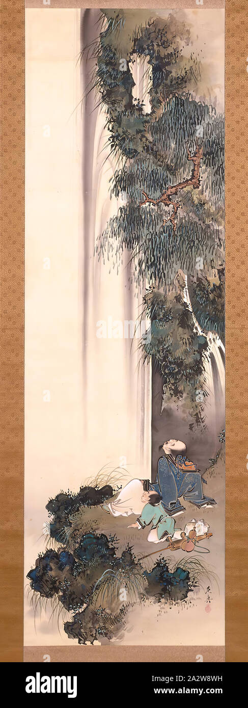 Li Bai den Blick auf einen Wasserfall, Shibata Zeshin (Japanisch, 1807-1891), Edo, 1807-1891, Tusche und Farbe auf Seide, 57-1/2 x 18-5/16 in. (Bild) 89 x 25-3/4-in. (Overall), jar-förmige Relief Dichtung: Zeshin, Asiatische Kunst Stockfoto