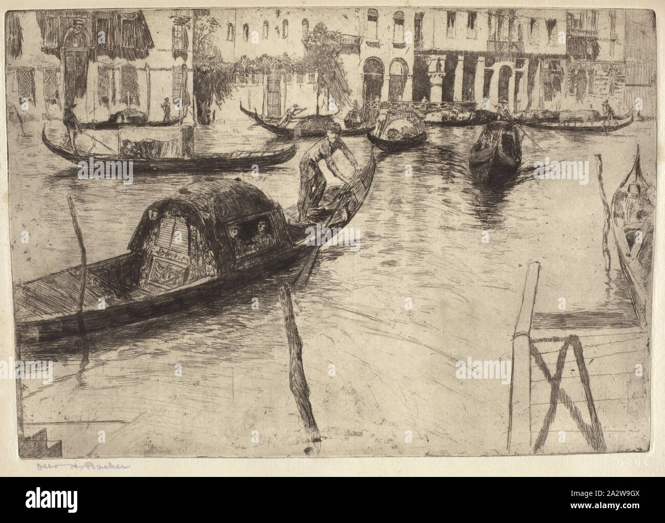 Traghetto San Felice, Otto Heinrich Bacher (American, 1856-1909), 1880, Tinte auf Papier, Ätzen, 8-3/8 x 11-3/4-in. (Bild) 17-1/8 x 12-3/4-in. (Blatt), in Tinte unten Bild L.L. unterzeichnet: Otto H. Bacher, Serie, Radierungen von Venedig Stockfoto