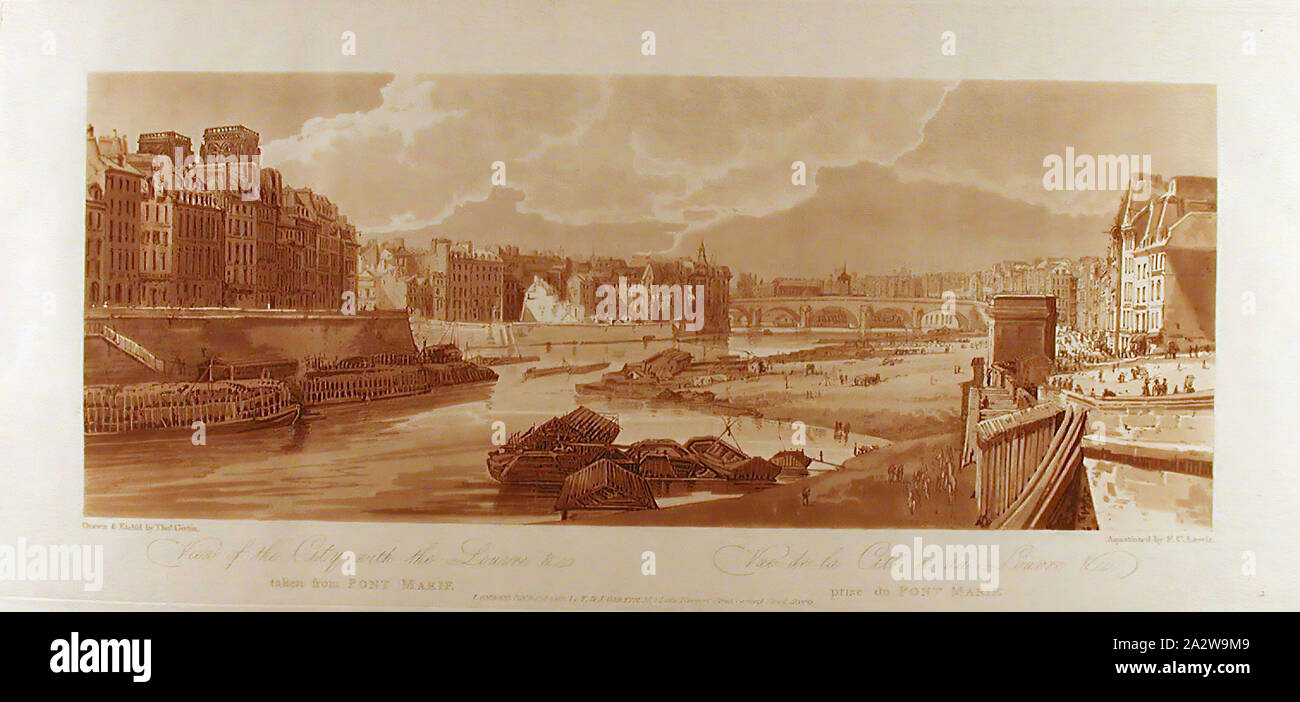 Blick auf die Stadt mit dem Louvre, von Pont-Marie, Thomas Girtin (Englisch, 1775-1802), Friedrich Christian Lewis ICH, Stecher (Englisch, 1779-1856), 1802, weicher Boden Radierung und Aquatinta, E&P, 1801, Serie, wie in einer Auswahl von Zwanzig der schönsten Blick auf Paris und seine Umgebung gebunden werden Stockfoto