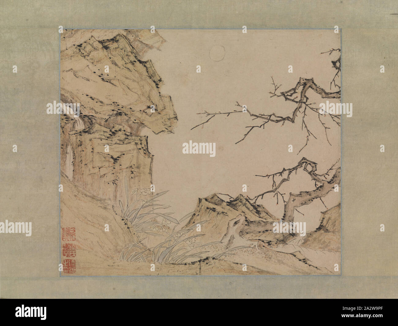 Narzisse, Pflaumenbaum in einer Landschaft, Lu Zhi (Chinesisch, 1496-1576), Ming dynasty, 1496-1576, Tusche und Farben auf Papier, 10-1/2 x 11-7/8-in. (Bild) 46-1/2 x 17-3/4-in. (Insgesamt), 3 Dichtungen: Lu Shih; shuping Lu Zhi zhi Yin; Bai yuan zhenwan, Asiatische Kunst Stockfoto
