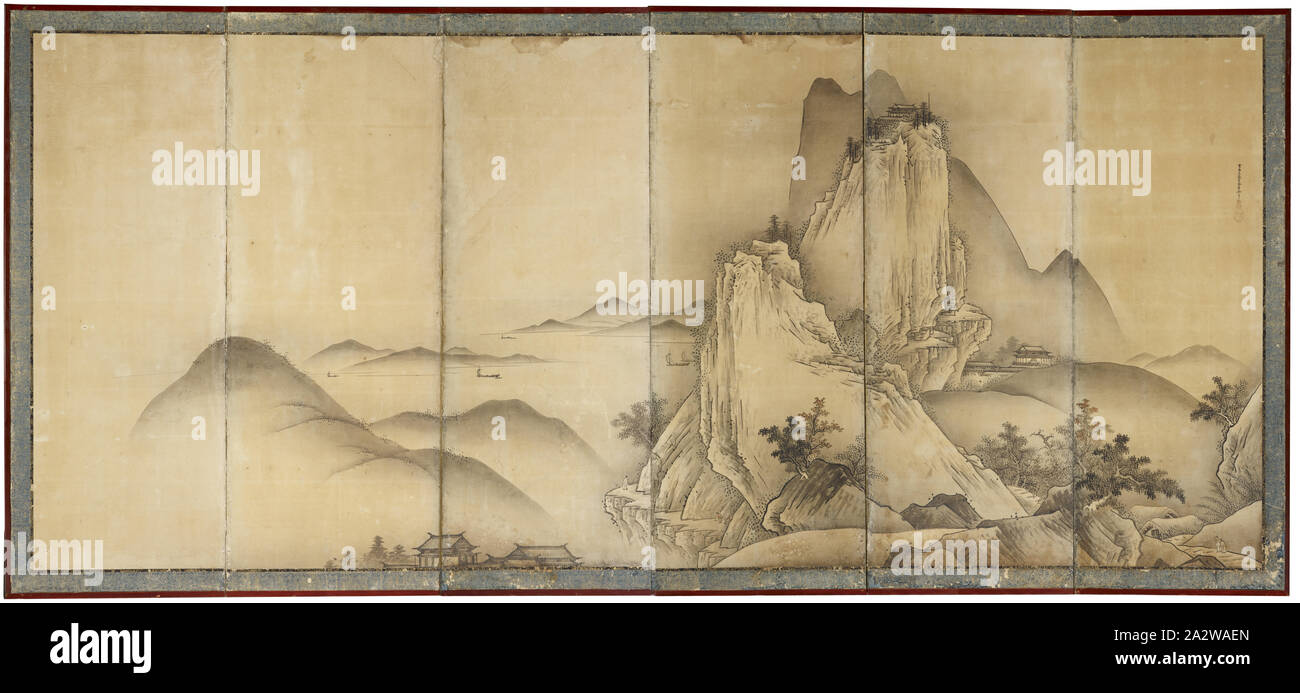 Landschaft mit Reisende auf Bergpfaden, Unkoku Toyo (Japanisch, 1612-1688), Edo, etwa 1650, Tinte, helle Farbe auf Papier und Holz, 67-1/2 x 148-16/25 x 3/4 in. Panel 1 Malerei 61 x 21-7/8-in. Panel 2 Malerei 61 x 24-1/2-in. Panel 3 Malerei 61 x 24-3/8-in. Panel 4 Malerei 61 x 24-3/8-in. Panel 5 Malerei 61 x 24-3/8-in. Panel 6 Malerei 61 x 21-7/8 in.), auf dem ersten Panel unterzeichnet: Sesshu Masson (neuere Generation) Unkoku Toyo-hitsu (spätere Generation Nachkomme) versiegelt: Unkoku Toyo, Asiatische Kunst Stockfoto