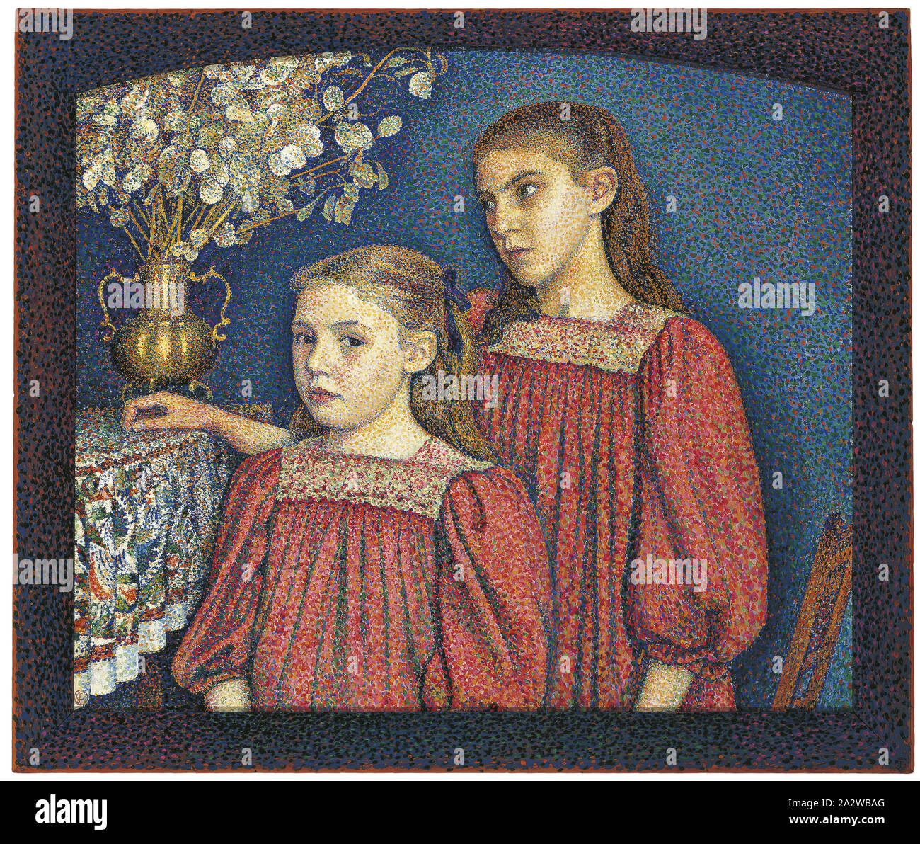 Die beiden Schwestern oder Die serruys Schwestern, Georges Lemmen (Belgisch, 1865-1916), 1894, Öl auf Leinwand mit bemalte Holzrahmen, 23-5/8 x 27-9/16 in. (Leinwand) 27-15/16 x 32-11/16 x 1-7/8 in. (Gerahmt), mit einer Schablone Monogramm in roter Farbe unterzeichnet, der unteren linken und rechten auf Rahmen: [Kapital C verriegelt mit Kapital L im Kreis] Eingestanzt in roter Tinte auf zentrale Stretcher bar: Barique de Couleur Toiles, Panneaux & Vernis Fx. Momm (DE), 81, rue de la Chari (Te), Bruxelles, [in einem Oval] in schwarzer Tinte top Stretcher bar bezeichnet: Août-sept eingeschlossen. 1894 gestempelt in schwarzer Tinte auf der linken und auf der Rückseite Stockfoto