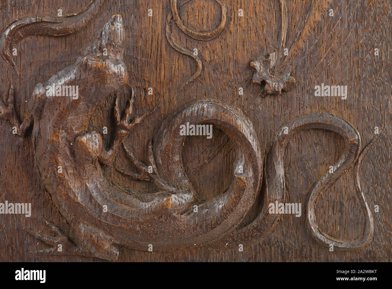 Salamander und Bird, Edward Henry Buchorn (American, 1871-1945), um 1903, Eiche, 19-1/8 x 7-3/4 x 2 in., die dekorativen Künste Stockfoto