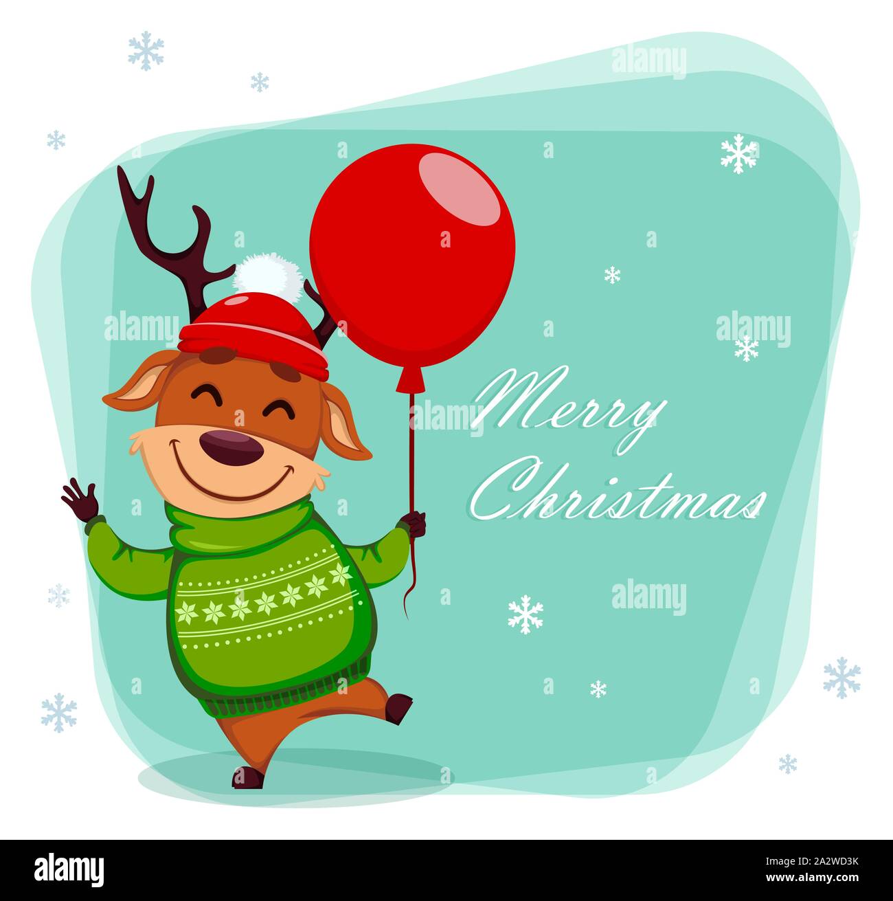 Frohe Weihnachten Grusskarten mit lustigen Rentier mit roten Ballon. Cute cartoon Charakter. Vector Illustration Stock Vektor