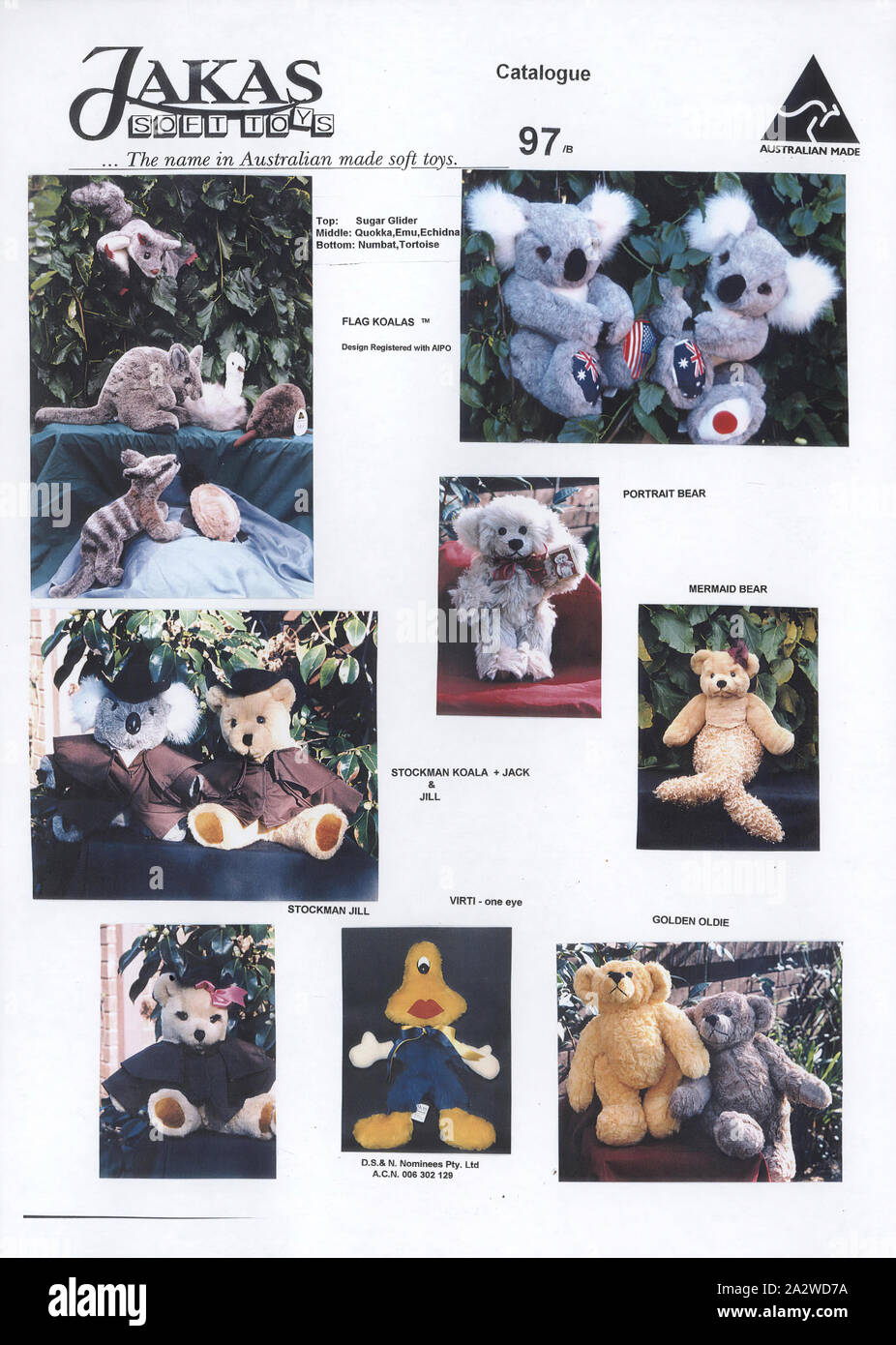 Werbung Flyer - jakas Soft Toys, Melbourne, 1997, eine einzelne Seite Werbung Flyer zeigt eine Reihe von weichen Spielzeugs einschließlich Teddybären, australische Tiere und ein Science Fiction Figur namens "Virti - ein Auge'. Jakas weiches Spielzeug war ein Melbourne - gegründete Firma, entwickelt und hergestellt, um echte qualitativ hochwertige Plüschtiere von 1956. Ihre Strecke inklusive Teddybären, golliwogs und Australischen einheimischen Tieren. Jakas weiches Spielzeug nicht mehr in Produktion Stockfoto