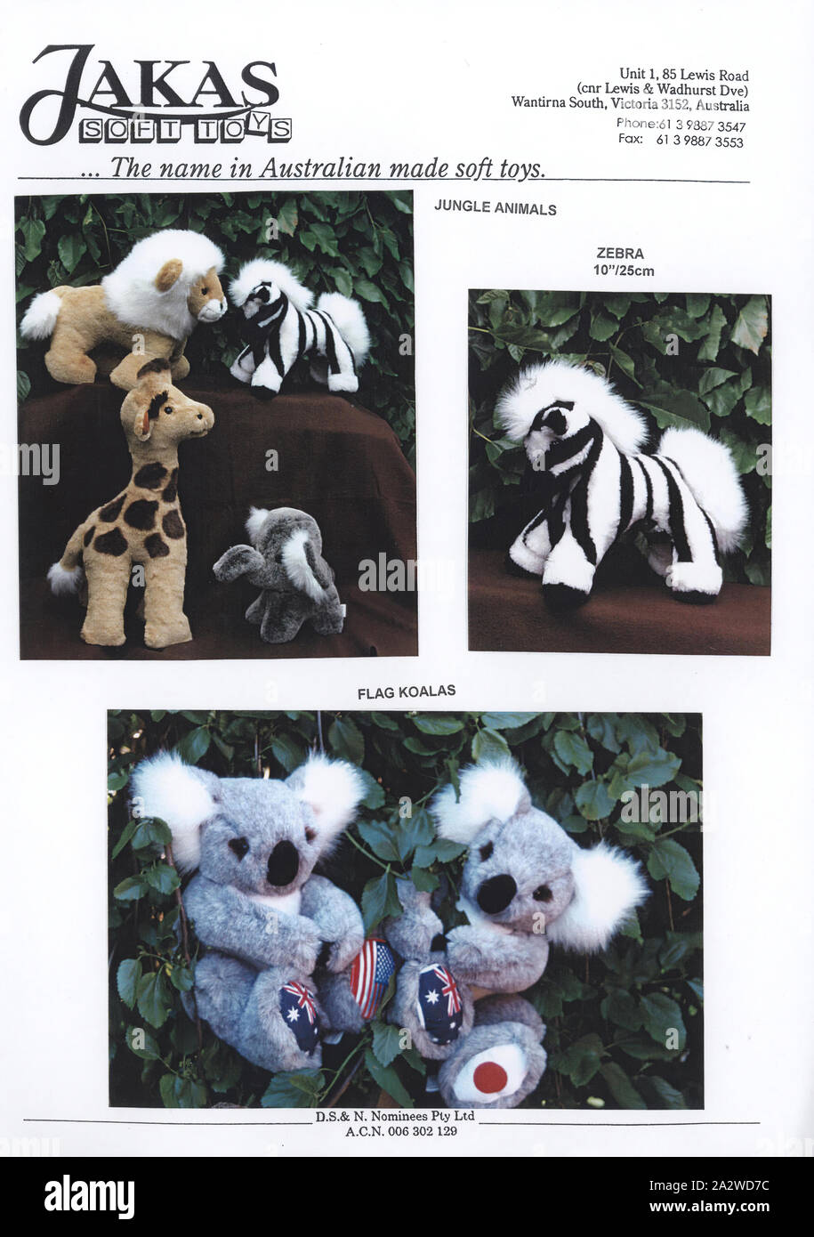 Werbung Flyer - Jakas weiches Spielzeug, Tiere, Melbourne, ca. 1998, eine  einzelne Seite Werbung Flyer zeigt eine Vielzahl von Tier Stofftiere, mit  "Jungle Animals' wie ein Löwe, Zebra, Giraffe und Elefant und