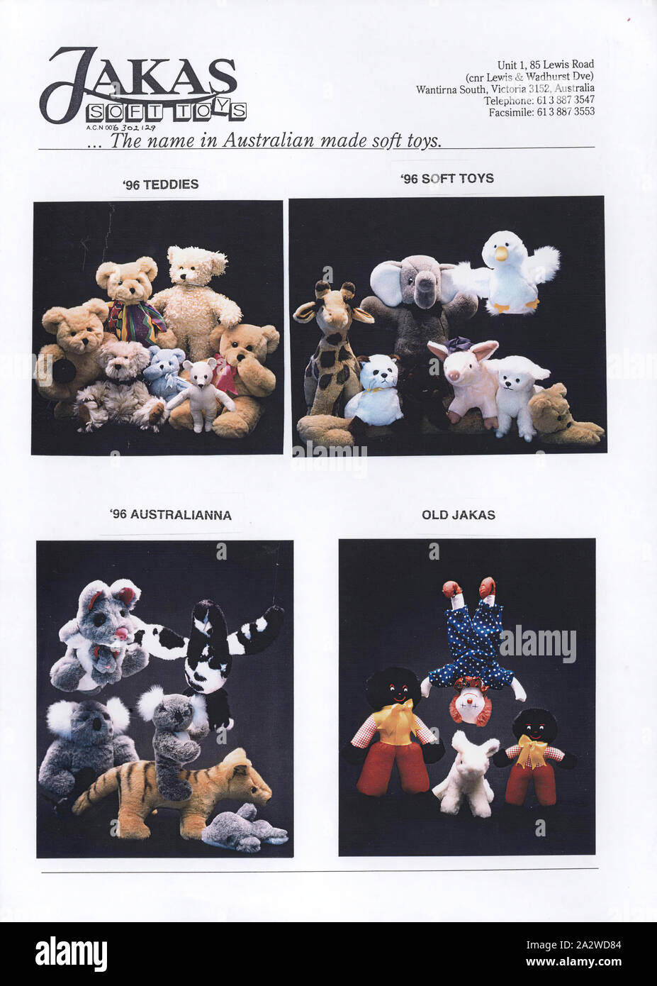 Werbung Flyer - jakas Soft Toys, Produktpalette, Melbourne, 1996, eine einzelne Seite Werbung Flyer zeigt eine Reihe von weichen Spielzeugs einschließlich Teddybären, Stofftiere, "GOLLY" Puppen und ein Clown. Jakas weiches Spielzeug war ein Melbourne - gegründete Firma, entwickelt und hergestellt, um echte qualitativ hochwertige Plüschtiere von 1956. Ihre Strecke inklusive Teddybären, golliwogs und Australischen einheimischen Tieren. Jakas Soft Toys die Produktion Ende der 1990er Jahre viele Lokale outlasting Stockfoto