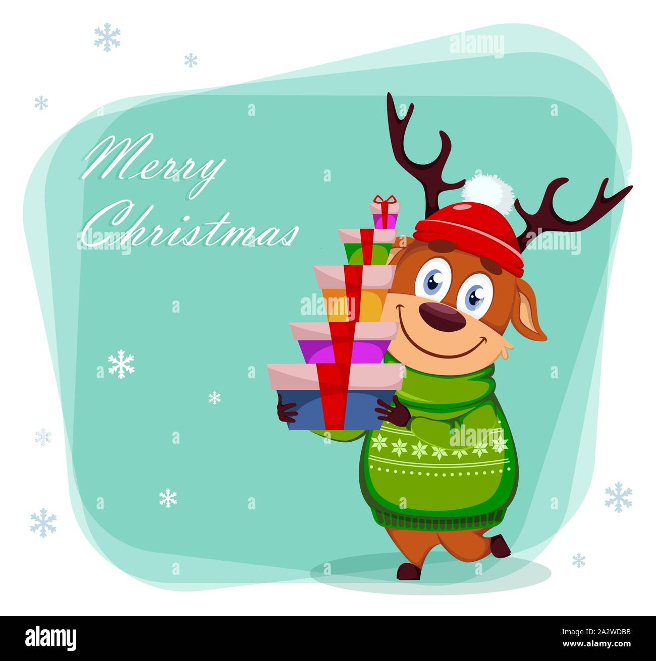 Frohe Weihnachten Grusskarten mit lustigen Rentier holding Geschenkboxen. Cute cartoon Charakter. Vector Illustration Stock Vektor