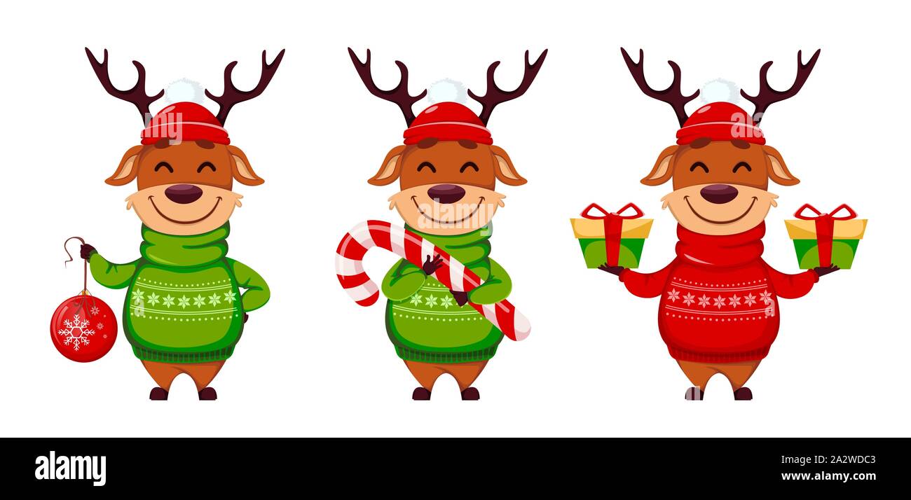 Frohe Weihnachten. Lustige Rentiere, der drei Posen. Cute cartoon Charakter. Vector Illustration auf weißem Hintergrund Stock Vektor