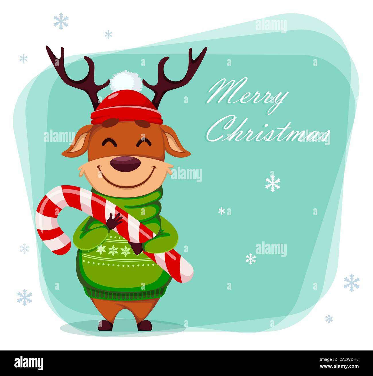 Frohe Weihnachten Grusskarten mit lustigen Rentier holding Zuckerstange. Cute cartoon Charakter. Vector Illustration Stock Vektor