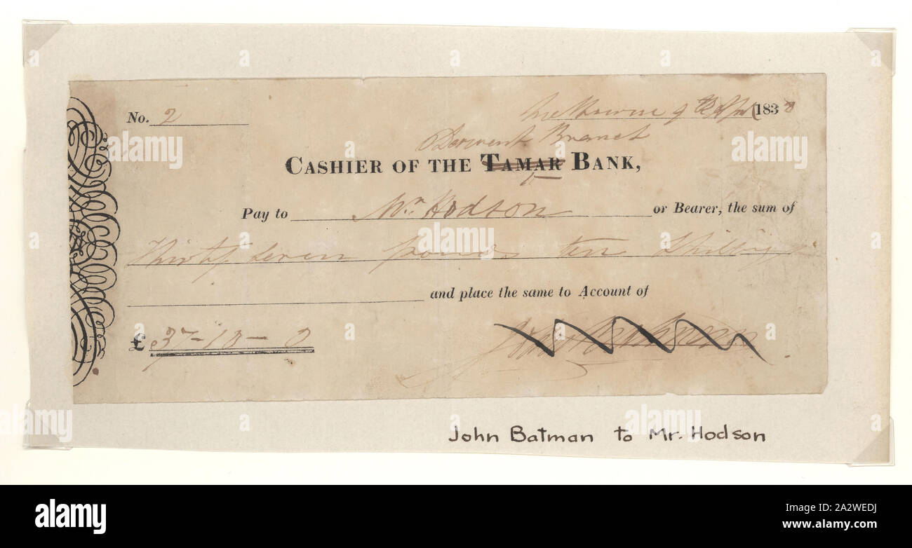 Check-John Batman, Tamar Bank, Derwent Zweig, Victoria, Australien, 9 Apr 1838 prüfen, für 37 Pfund, 10 Schilling von John Batman ausgestellt, für Derwent Bank, zahlbar an Herrn Hodson oder Inhaberaktien, den 9. April 1838. Von John Batman unterzeichnet Stockfoto