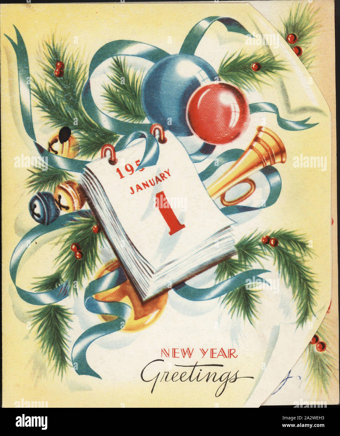 Weihnachtskarte - Merle, Jack & Familie, Oma Peggy, Bill & Jungen, neuen Jahre Grüße, ca. 1950er Jahre, Weihnachtskarte von Fifth Avenue, ca. 1950er-Jahre. Es verfügt über einem Kalander, immergrüne Zweige und Weihnachtsschmuck. Es in einer Reihe von Karten, die von Frau Peg Harris, die in Tollerton, Templeton Straße, Avoca lebte gesammelt. Die Karte ist von Merle, Jack & Familie Oma Peggy, Bill & Jungen. Margaret "Peg" Preston Harris (geborene Brereton) wuchs im 'Tollerton' mit ihrer Mutter Sara Brereton (geb. Stockfoto