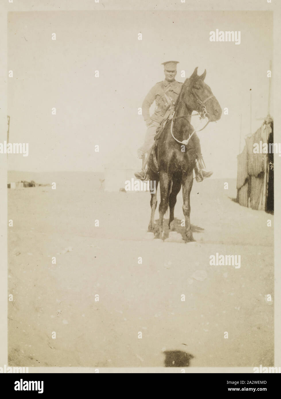 Fotografie - Oberst Elliott, Ägypten, Kapitän Edward Albert McKenna Album, Weltkrieg I, 1914-1915, Bild der Lieutenant-Colonel Harold Edward Pompey Elliott auf dem Pferd. Elliott war der verantwortliche Offizier des 7 Bataillon. Am Ende des Krieges Oberst Elliot zu einem Brigadeer General befördert worden war, aber die Ablehnung einer GG-Befehl wird eine Quelle der Bitterkeit zu haben. Nach dem Krieg Elliott an den Senat auf zweimal und, der den Befehl empfängt der 3. Division gewählt wurde. Stockfoto