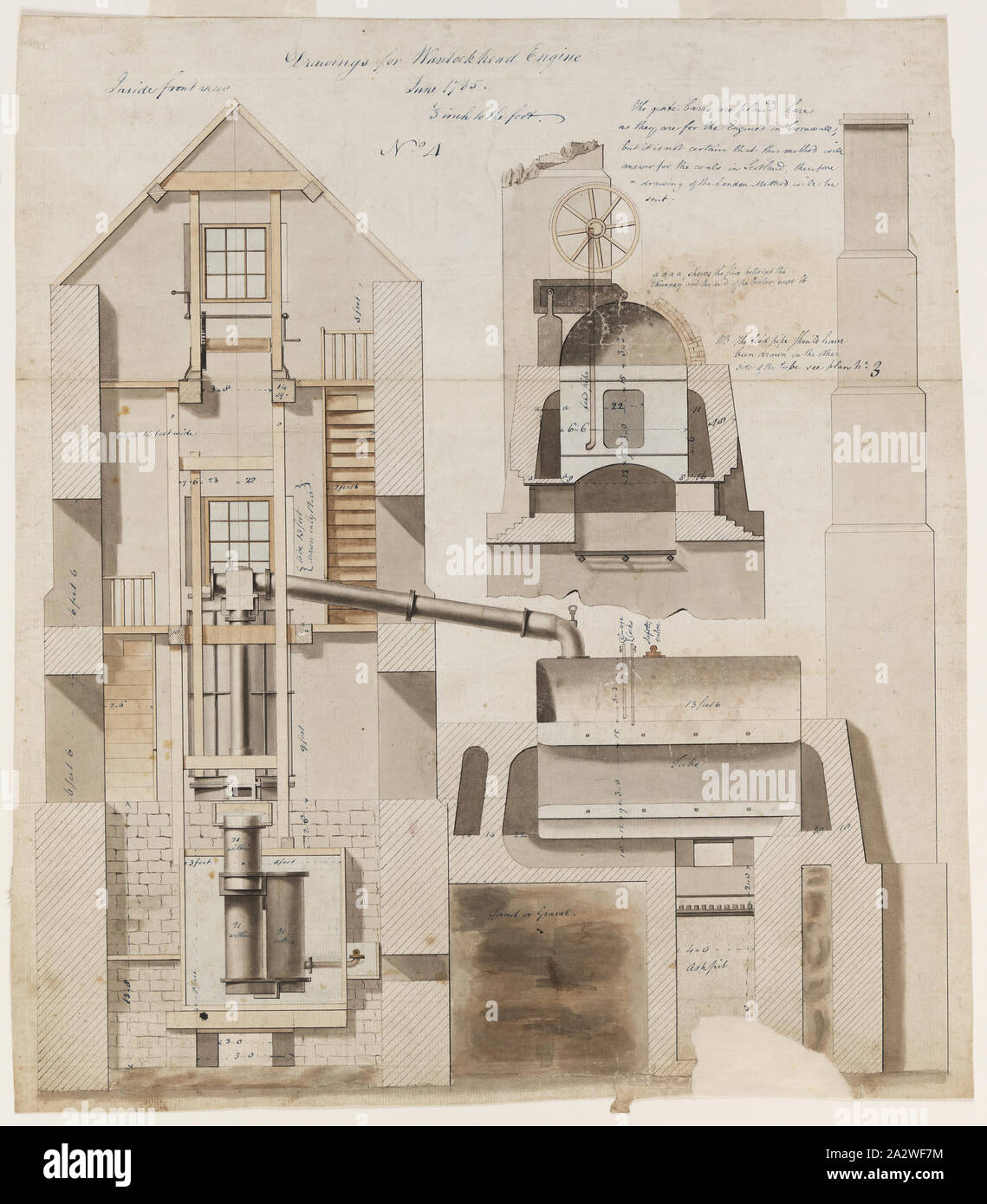 Technische Zeichnung - James Watt, Arrangement für Wanlockhead Motor & Dampfkessel, Blatt Nr. 4, 18.06.1785, Hand - farbige Tusche und Aquarell Zeichnung, auf der eine allgemeine Anordnung und Querschnitte für eine atmosphärische Verdichtung Strahl pumpen Motor und die zugehörigen Dampfkessel durch James Watt konzipiert und von der Firma Bolton & Watt, Birmingham geliefert wird, an der Margaret Bergwerk Wanlockhead, in Schottland, in 1785-86. Maßstab: 1/3 Zoll bis 1 Fuß. Die Zeichnung ist Teil einer Reihe von technischen Zeichnungen von Stockfoto