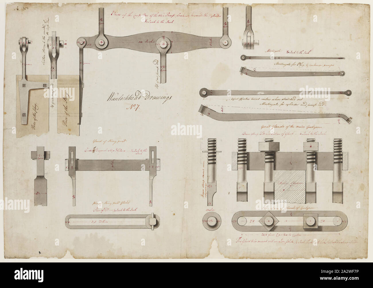 Technische Zeichnung - James Watt, Detail der Komponenten für Wanlockhead Motor, Blatt Nr. 7, 1785, Hand - farbige Tusche und Aquarell Skizze mit Hochheben, Querschnitte und planen einen Blick auf einige wichtige Komponenten einer atmosphärischen Verdichtung Strahl pumpen Motor durch James Watt konzipiert und von der Firma Bolton & Watt, Birmingham geliefert wird, an der Margaret Bergwerk Wanlockhead, in Schottland, in 1785-86. Maßstab: 1/4 Zoll bis 1 Zoll. Undatierten, aber wahrscheinlich 1785. Die Zeichnung ist Teil einer Reihe von technischen Stockfoto