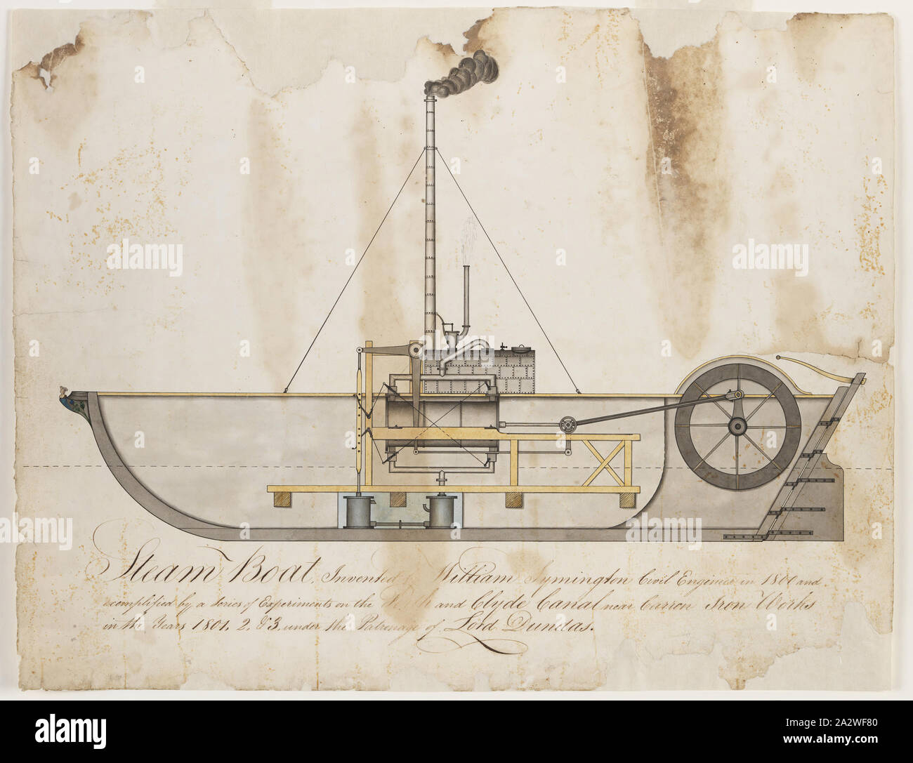 Technische Zeichnung - William Symington, 'Charlotte Dundas', Dampfschiff erfunden für Herrn Dundas, 1801-1803, Tinte und Wasser - Farbe technische Zeichnung, auf der eine Längsschnitt der Erhöhung von der vierten und letzten Experimentelle paddlesteamer unter der Leitung des schottischen Ingenieur und Erfinder gebaut, William Symington, C.E.. Das Gefäß dargestellt ist die zweite von zwei dampfmaschinen Paddelboote, entworfen von Symington für die Forth und Clyde Navigation Unternehmen auf Anregung von Herrn Dundas (Sir Stockfoto