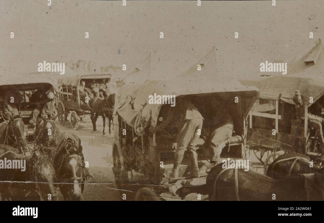 Fotografie - Pferdekutschen Krankenwagen mit verwundeten Soldaten des Ersten Weltkrieges, 1914-1918, Foto der offenen Glasfront Ambulanz Wagen voll von verwundeten Soldaten. Weltkrieg Ära. Von einem Foto Album von Sergeant John Lord erstellt und dokumentiert seine Zeit in Ägypten. Das Album wurde in ein gefüttertes Notizbuch/Tagebuch Typ Buch und John Lord komplett das Album mit Fotos gefüllt. Alle Fotografien sind nummeriert und in Bleistift hat er Bildunterschriften um viele der Fotografien geschrieben Stockfoto