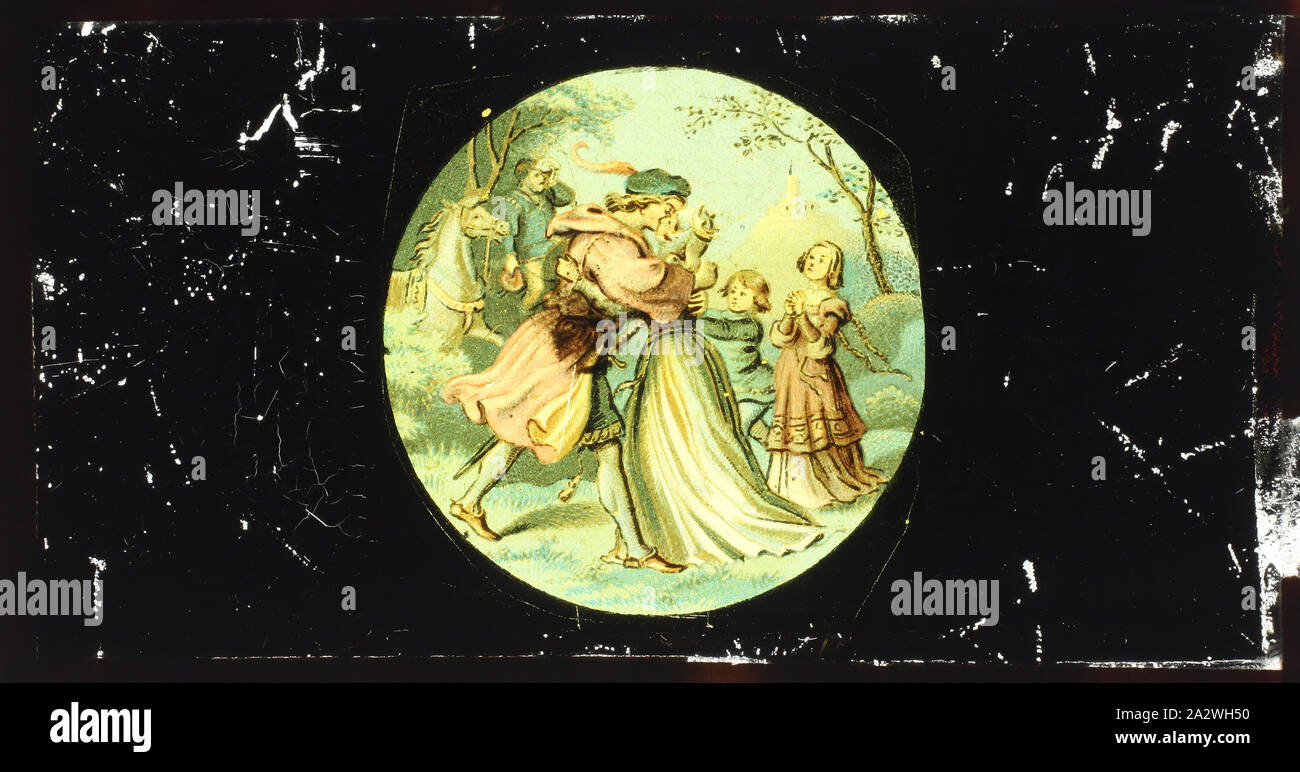 Lantern Slide-a Kiss, 1860-1920, Alternative Namen (s); Kinder schieben; magische Laterne Laterne Folie Folie, möglicherweise, die Teil einer Volkssage. Es zeigt einen Kuss. Teil des Francis Sammlung von filmischen Apparat und Ephemera der australische und der viktorianischen Regierungen in 1975. sowie als Mitbegründer Stockfoto