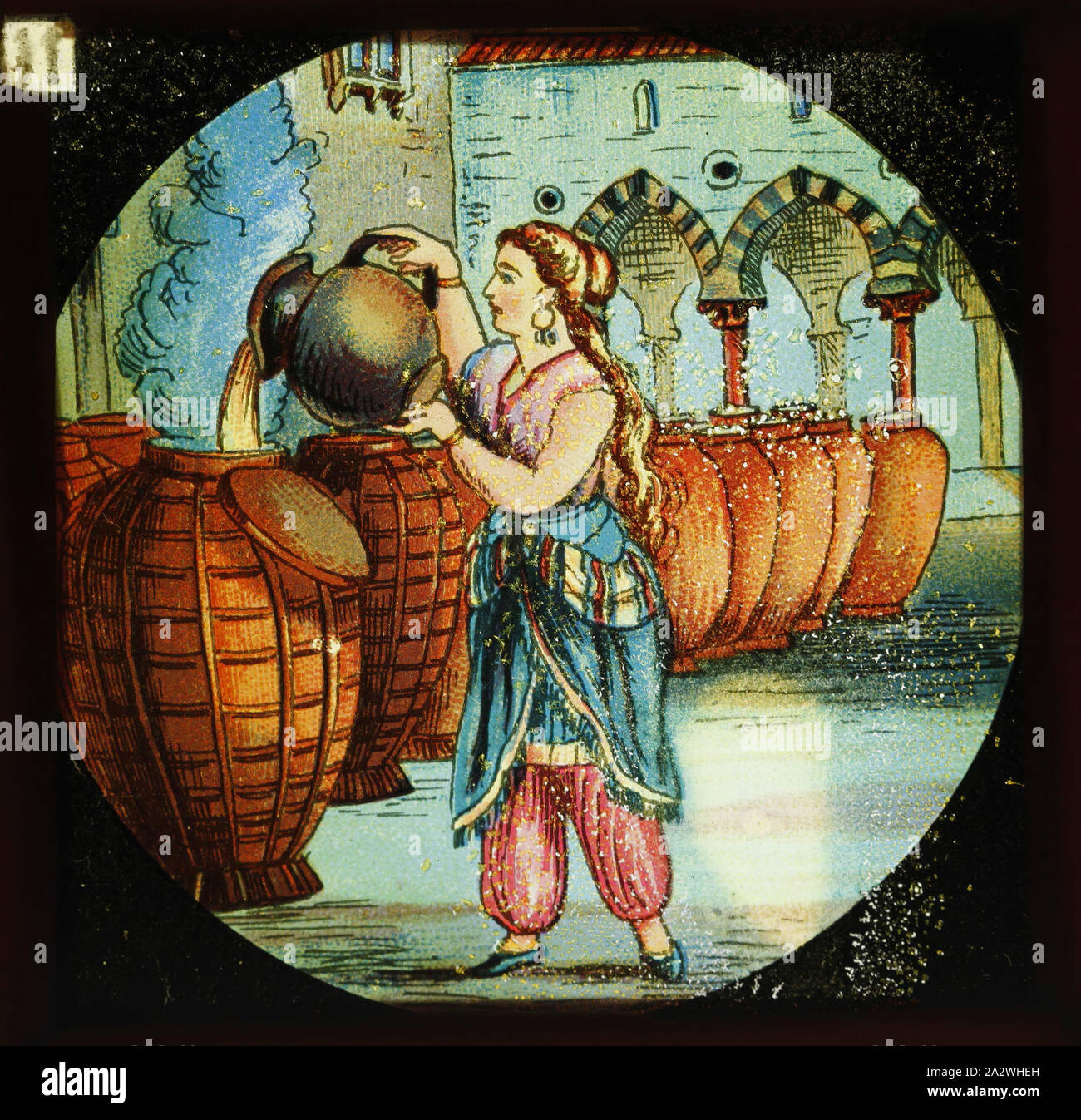 Laterne Folie - Ali Baba und die vierzig Räuber, Nr. 11, 1900-1920, Alternative Namen (s); Kinder schieben; magische Laterne Folie Folie Nr. 11 aus einer Reihe von 12 Laterne Folien, die die Geschichte von Ali Baba und die vierzig Räuber. Teil des Francis Sammlung von filmischen Apparat und Ephemera der australische und der viktorianischen Regierungen im Jahr 1975 Stockfoto
