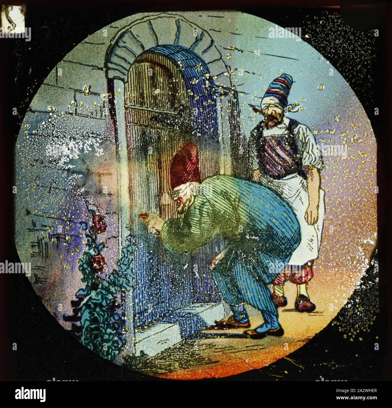 Laterne Folie - Ali Baba und die vierzig Räuber, Nr. 9, 1900-1920, Alternative Namen (s); Kinder schieben; magische Laterne Folie Folie Nr. 9 aus einem Set von 12 Laterne Folien, die die Geschichte von Ali Baba und die vierzig Räuber. Teil des Francis Sammlung von filmischen Apparat und Ephemera der australische und der viktorianischen Regierungen im Jahr 1975 Stockfoto