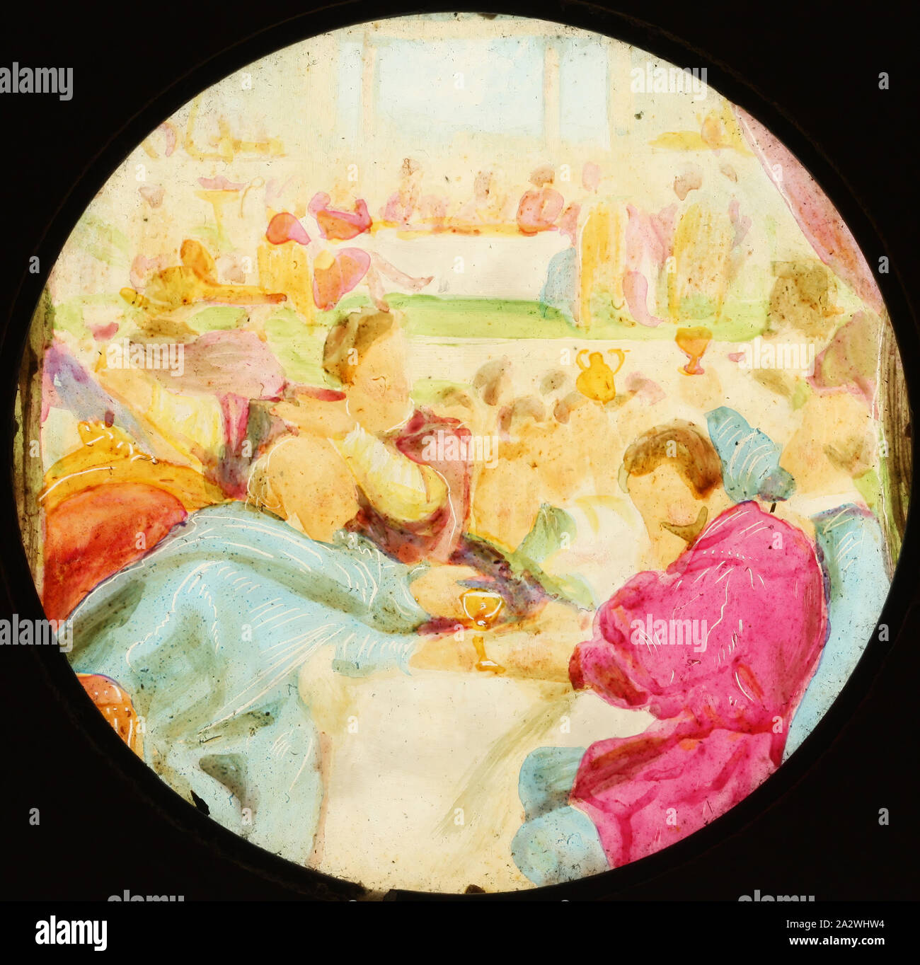 Laterne Folie - Der Heilige Krieg, "Goldy Meisterstück bei Carnal-Security Fest", 1850-1910, lackierte Laterne Folie, die Männer an den Tischen sitzen, essen und trinken - als "Goldy Meisterstück bei Carnal-Security Fest" beschrieben. "Carnal-Security" ist eine von vielen fiktiven Figuren in einer Serie von 12 gedruckten Laterne Folien, die die Geschichte des Heiligen Krieges, ursprünglich 1682 geschrieben von John Bunyan. zusammen in einem hölzernen Kasten Stockfoto