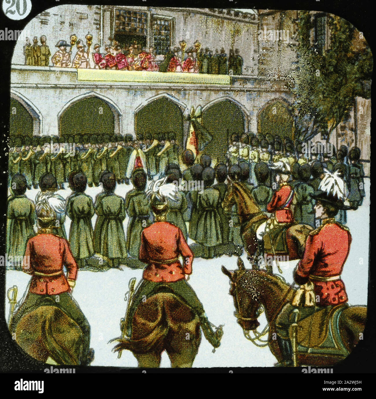 Lantern Slide-militärischen Prozession, 1900-1920, Laterne Folie militärischen Prozession oder Inspektion. Ort und Datum dargestellt sind unbekannt - obwohl wahrscheinlich Ende des 19. Jahrhunderts. Teil des Francis Sammlung von filmischen Apparat und Ephemera der australische und der viktorianischen Regierungen in 1975. Auch ein Wesen Stockfoto
