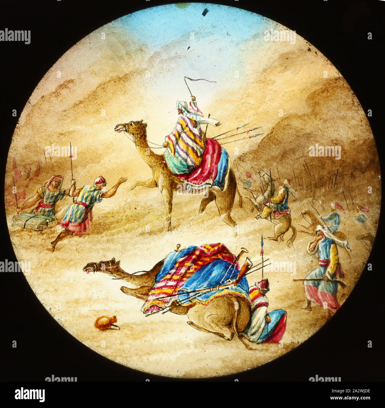 Laterne Folie - der andstorm', 1850-1900, Laterne Folie, Soldaten, einige auf Kamelen, in einem Sandsturm. Ort und Datum dargestellt sind unbekannt. Es kann ein Heiliger Krieg zeigen Stockfoto