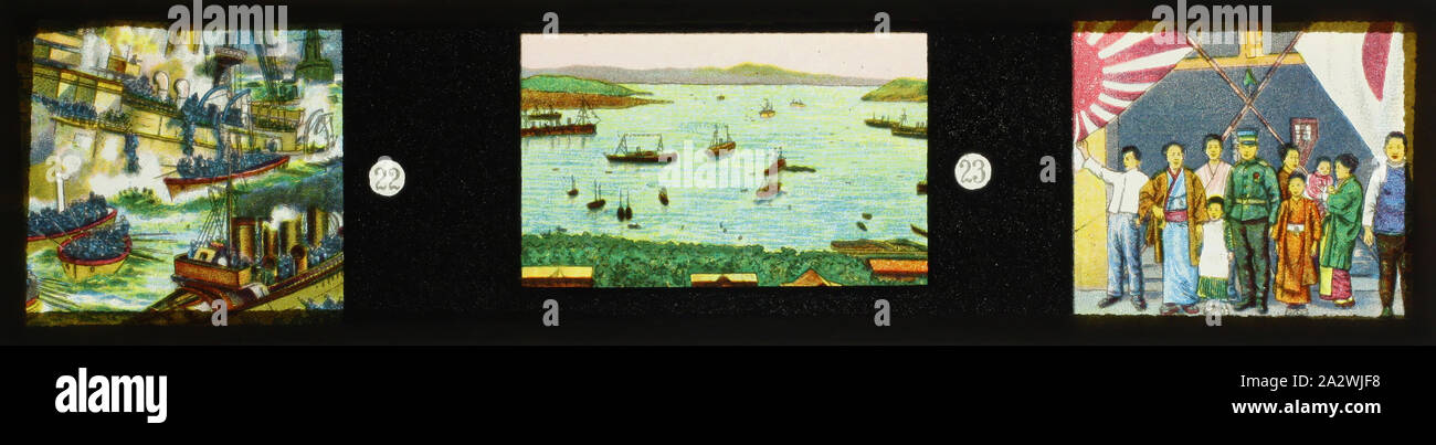 Laterne Folie - Miniatur Panorama Art, Schiffe & japanischen Soldaten mit den Bürgern, um 1910, Miniatur panorama Art Laterne Folie, die Schiffe und ein japanischer Soldat mit den Bürgerinnen und Bürgern. Teil einer Sammlung von 12 Panoramablick Folien und dreißig sechs Bilder der Serie mit Szenen aus dem russisch-japanischen Krieg von 1904-1905. Vor-filmischen Apparat und Ephemera der australische und der viktorianischen Regierungen im Jahr 1975. David Stockfoto