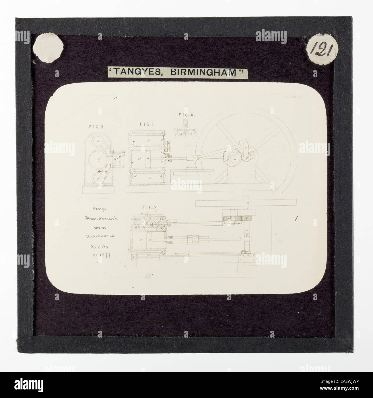 Lantern Slide-Tangyes Ltd, Robson Gas Engine Diagram, 1877, einem der 239 Glas Laterne Folien, Produkte von Tangyes begrenzt Ingenieure von Birmingham, England hergestellt. Die Bilder gehören verschiedene Produkte wie Motoren, Kreiselpumpen, Hydraulikpumpen, Gasproduzenten, Materialprüfung, Pressen, Werkzeugmaschinen, Hydraulikzylinder etc. Tangyes war ein Unternehmen, das von 1857 bis 1957 betrieben. Sie produziert eine Vielzahl von Engineering Stockfoto