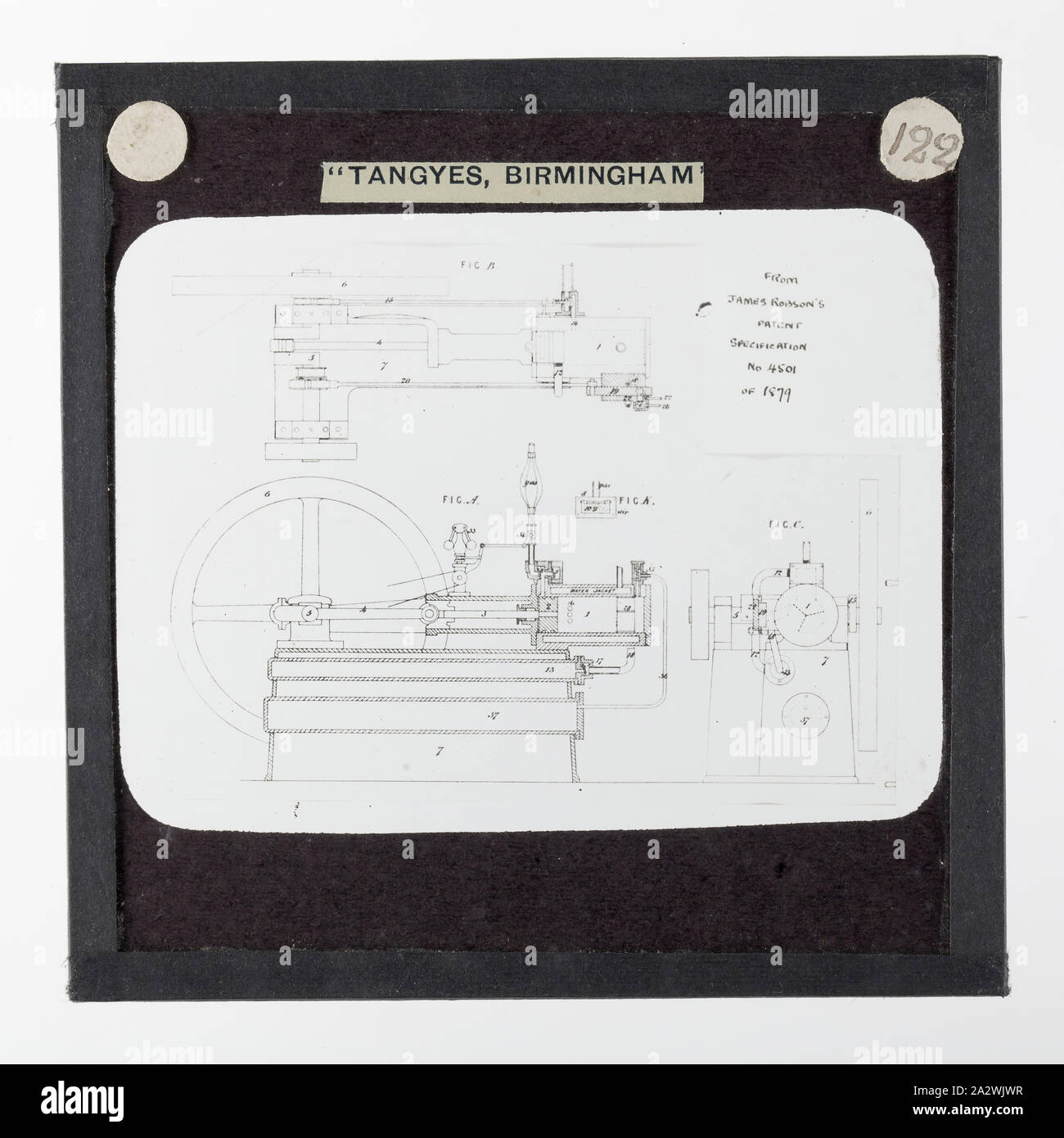 Lantern Slide-Tangyes Ltd, Robson Gas Engine Diagram, 1879, einem der 239 Glas Laterne Folien, Produkte von Tangyes begrenzt Ingenieure von Birmingham, England hergestellt. Die Bilder gehören verschiedene Produkte wie Motoren, Kreiselpumpen, Hydraulikpumpen, Gasproduzenten, Materialprüfung, Pressen, Werkzeugmaschinen, Hydraulikzylinder etc. Tangyes war ein Unternehmen, das von 1857 bis 1957 betrieben. Sie produziert eine Vielzahl von Engineering Stockfoto