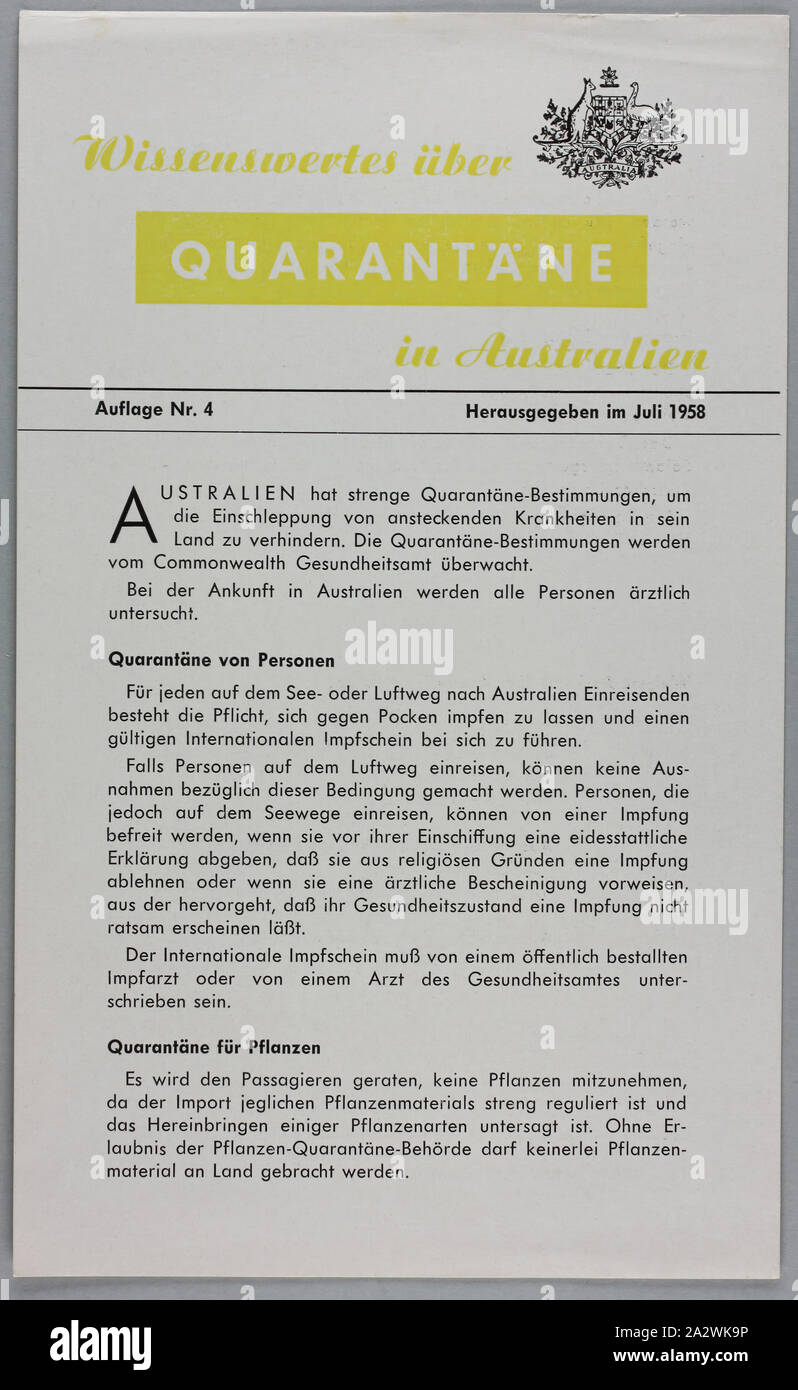 Broschüre - "Wissenswertes uber Quarantane in Australien", Commonwealth von Australien, Jul 1958, Flyer mit dem Titel "Wissenswertes uber Quarantane in Jugenheim' [' Tatsachen über Quarantäne in Australien'], in deutscher Sprache von der Australischen Einwanderungsbehörde im Juli 1958 herausgegeben. Es war zu Dorothea Huber [nee Freitag ausgestellt und später Dunzinger] in Vorbereitung für Ihren Wander- Reise von Österreich nach Melbourne an Bord der Cogedar Line Schiff "Flaminia" im November 1959. Dies ist eine von vielen Broschüren Stockfoto
