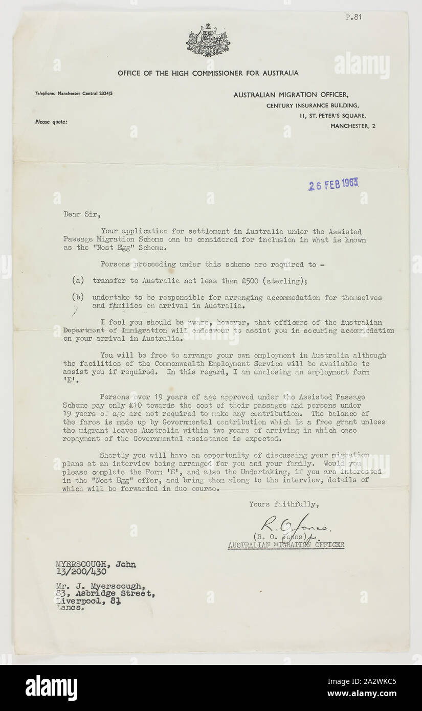 Letter-Siedlung Anwendung berücksichtigen, Myerscough 1963, Schreiben vom 26/2/1963 von der Australian Migration Offizier des Amtes des Hohen Kommissars für Deutschland, John myerscough, Angabe seines Antrags auf Regelung in Australien unter dem Assisted Passage Migration Regelung wäre für die Aufnahme in die "Notgroschen"-Regelung in Betracht gezogen werden. Der Brief war Teil der Anwendung und Akzeptanz für die myerscough's aus England zu migrieren Stockfoto