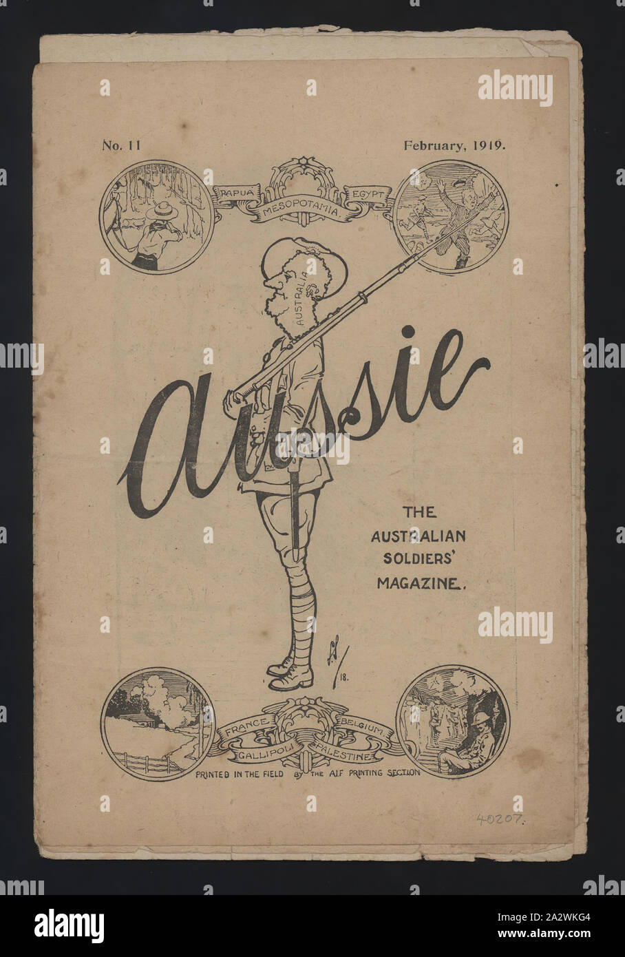 Magazin - "Aussie", Nr. 11, Feb 1919, Ausgabe Nr. 11, Februar 1919, der Erste Weltkrieg - ära Veröffentlichung mit dem Titel "Aussie", "Die australische Soldaten "Magazin". Gedruckt in das Feld von der AIF Drucken Abschnitt. Eine Sammlung von Kopien der Zeitschriften 'Aussie' im Museum Victoria Sammlung vom 5. Juni 1918 - 15. Januar 1929 datiert. "Aussie" (1918 - ca. 1929) war ein kommerzielles Magazin der Stellungnahme, Überprüfung und Unterhaltung. Es wurde bearbeitet von Stockfoto