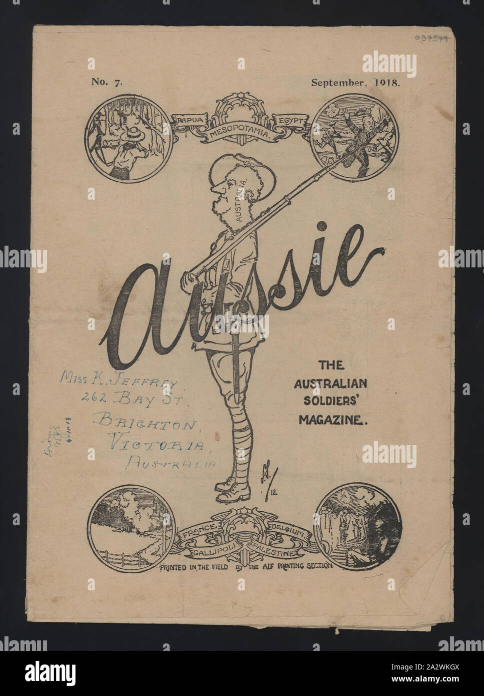 Magazin - "Aussie", Nr. 7, May 1918, Issue No. 7, September 1918, des Ersten Weltkriegs - ära Veröffentlichung mit dem Titel "Aussie", "Die australische Soldaten "Magazin". Gedruckt in das Feld von der AIF Drucken Abschnitt. Eine Sammlung von Kopien der Zeitschriften 'Aussie' im Museum Victoria Sammlung vom 5. Juni 1918 - 15. Januar 1929 datiert. "Aussie" (1918 - ca. 1929) war ein kommerzielles Magazin der Stellungnahme, Überprüfung und Unterhaltung. Es wurde bearbeitet von Stockfoto