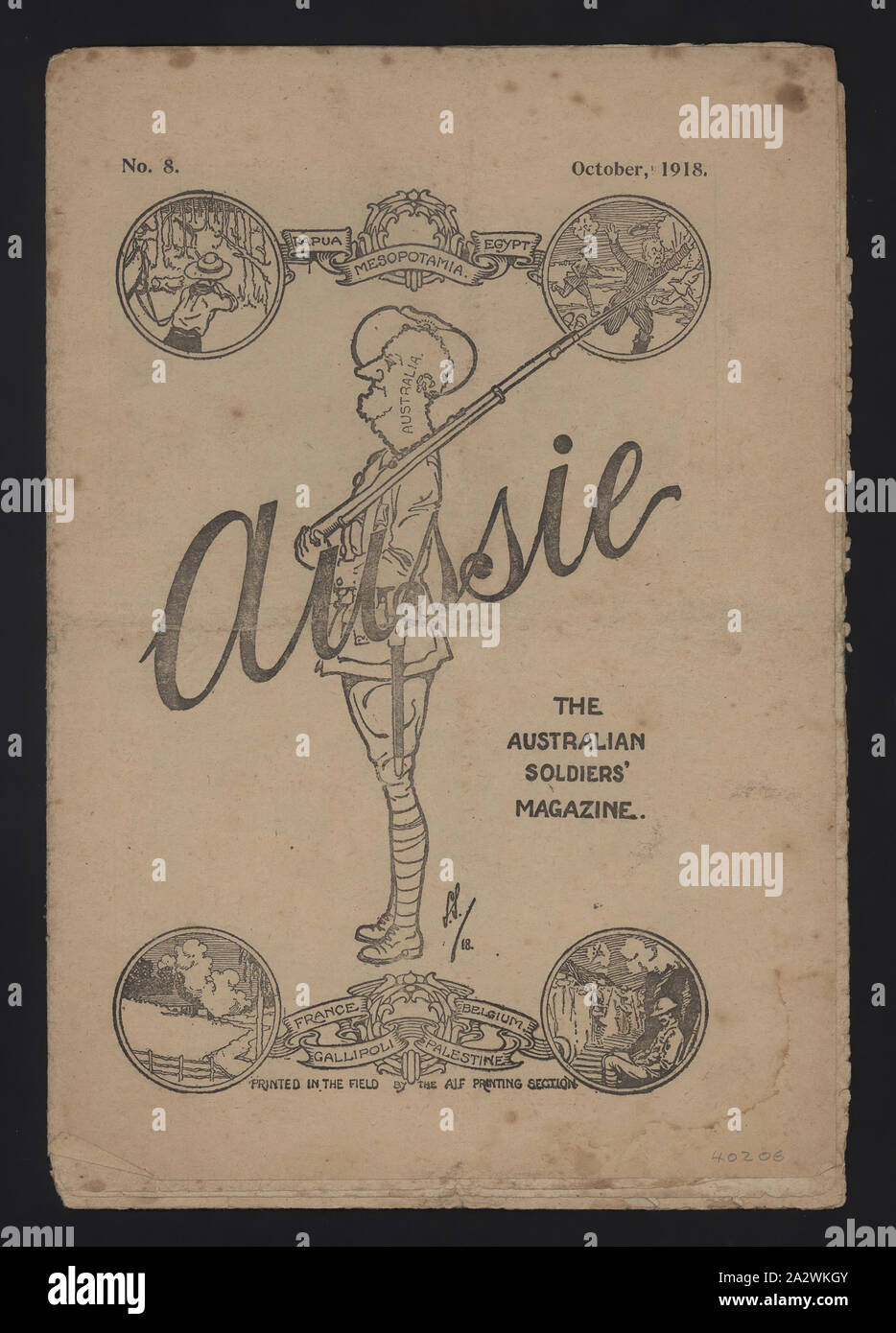 Magazin - "Aussie", Nr. 8, 01.10.1918, Ausgabe Nr. 8, Oktober 1918, der Erste Weltkrieg - ära Veröffentlichung mit dem Titel "Aussie", "Die australische Soldaten "Magazin". Gedruckt in das Feld von der AIF Drucken Abschnitt. Eine Sammlung von Kopien der Zeitschriften 'Aussie' im Museum Victoria Sammlung vom 5. Juni 1918 - 15. Januar 1929 datiert. "Aussie" (1918 - ca. 1929) war ein kommerzielles Magazin der Stellungnahme, Überprüfung und Unterhaltung. Es wurde von Phillip bearbeitet Stockfoto