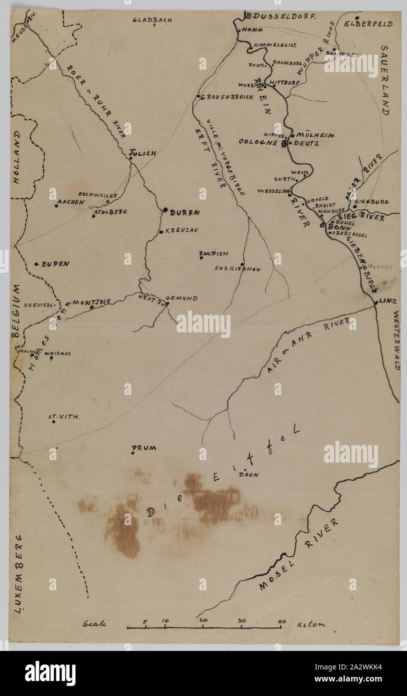 Karte-Deutschland, Zone 3, Weltkrieg I, 1918-1919, handgezeichneten Karte von Zone 3 in Deutschland nach dem Ersten Weltkrieg durch britische Truppen kontrolliert. Es wird nicht als solche gekennzeichnet, aber die Bleistiftmarkierungen bilden einen Bogen zwischen Düsseldorf und Bonn und erstreckt sich nach Westen, die detailliertere Besatzungszonen in St. 40580.29 identifiziert. Die Karte enthält 'Die Eiffelturm' (heute Nationalpark Eifel im Südwesten des Landes Nordrhein-Westfalen Stockfoto