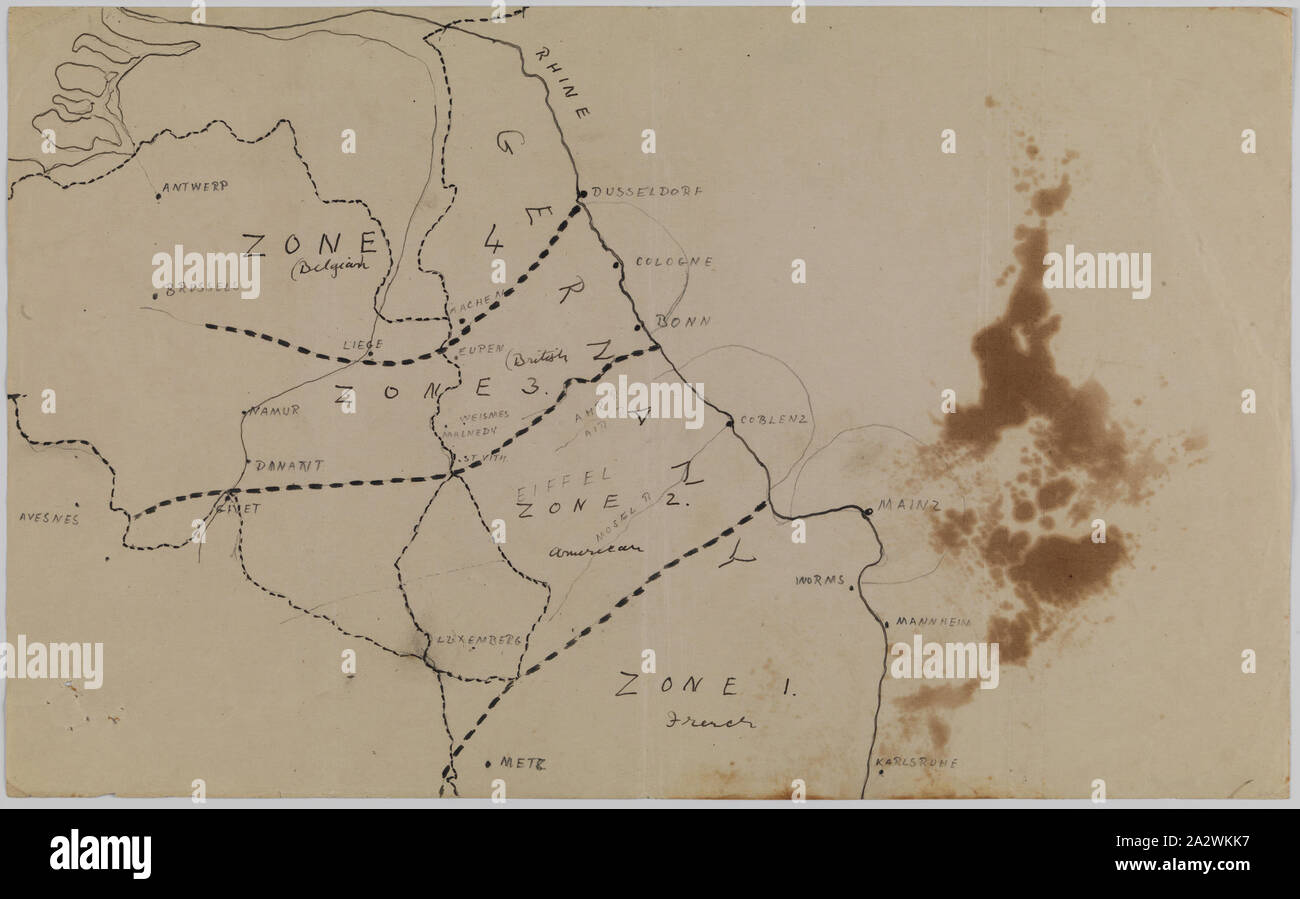 Karte-Deutschland, Beruf die Zonen 1 bis 4, den Ersten Weltkrieg, circa 1919, Alternative Namen (s): Rheinland Beruf Karte Karte der besetzten Rheinland in Deutschland nach dem Ersten Weltkrieg, in dem die Zonen 1 bis 4 durch Frankreich, Belgien und den amerikanischen Truppen besetzt. Laut Joachim Schröder und Alexander Watson, das Waffenstillstandsabkommen vom 11. November 1918 bin nur für die Alliierte Besetzung der linken Rheinseite und drei Brückenköpfe in der Nähe von Köln, Mainz zur Verfügung gestellt Stockfoto