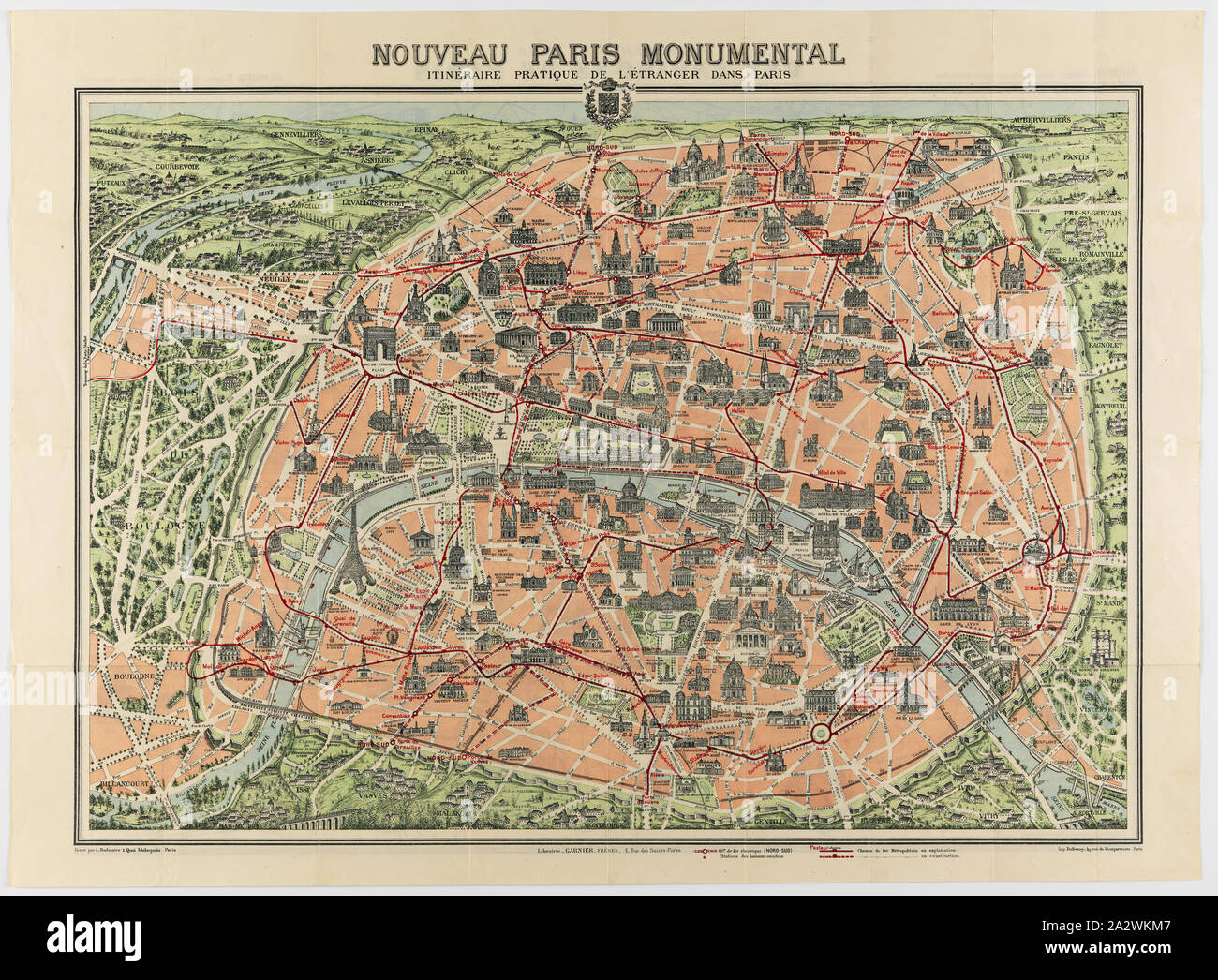 Karte - "Nouveau Paris Monumentale', der Erste Weltkrieg, 1916-1919, Falten Touristische Karte von Paris, doppelseitig bedruckt, in einem roten Karton, gedruckt von Dufrénoy. Es ist beschrieben (in französischer Sprache) als eine Rundfahrt für die Besucher. Es war vermutlich erworben während des Ersten Weltkrieges die Karte von John Lord (Weltkrieg I Service # 6252), spendete beträchtliche Sammlung von bedeutenden Weltkrieg gespendet wurde ich zum Museum Victoria einschließlich sechs Foto Alben mit Stockfoto