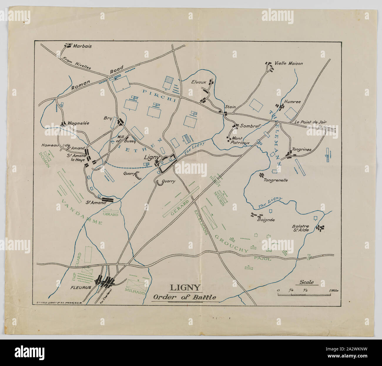 Karte gesetzt - Waterloo Campaign, 1815, zu 4. australischen Division, Mar 1919 versendet, Alternative Namen (s): die Schlacht von Waterloo Satz von Informationen über die Waterloo Campaign, 1815, bestehend aus drei Karten, zwei Tischen und zwei Notizen. Sie wurden von der Zentrale des 4. australischen Division zu mehreren seiner Anteile am 15. und 16. März 1919 versendet, kurz nach dem Ersten Weltkrieg die Karten der Schlacht von Quatre Bras darstellen, 16. Juni 1815; der Standpunkt der Armeen vor Waterloo, 18 Jun Stockfoto