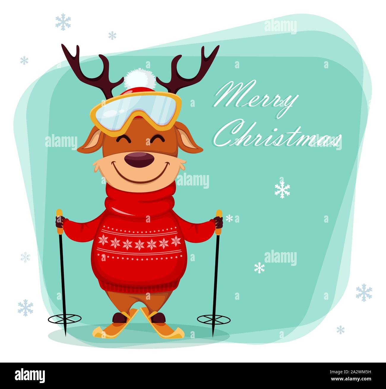 Frohe Weihnachten Grusskarten mit lustigen Rentier, Ski zu fahren. Cute cartoon Charakter. Vector Illustration Stock Vektor