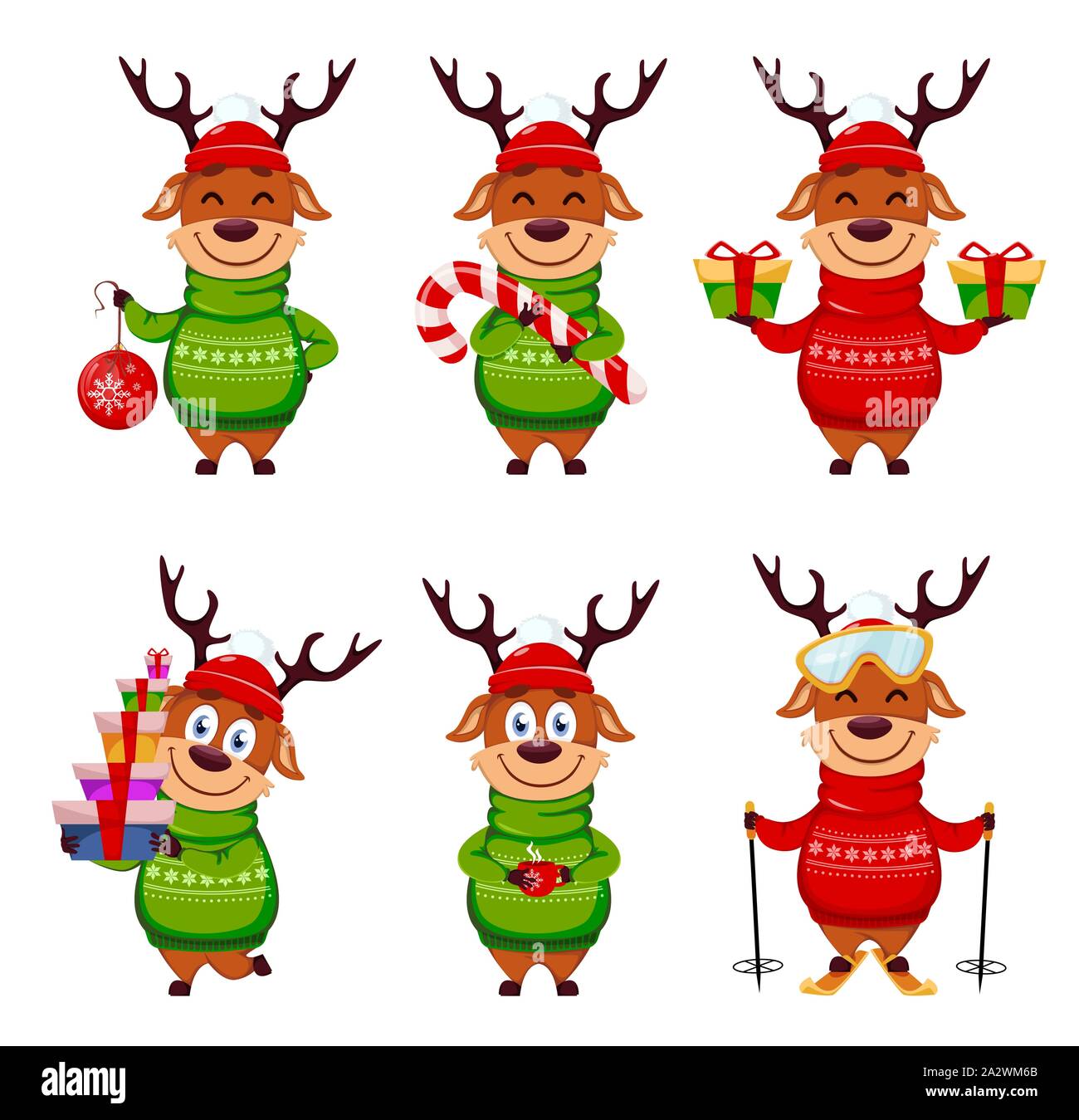 Frohe Weihnachten. Lustige Rentiere, von sechs Stellen darstellt. Cute cartoon Charakter. Vector Illustration Stock Vektor
