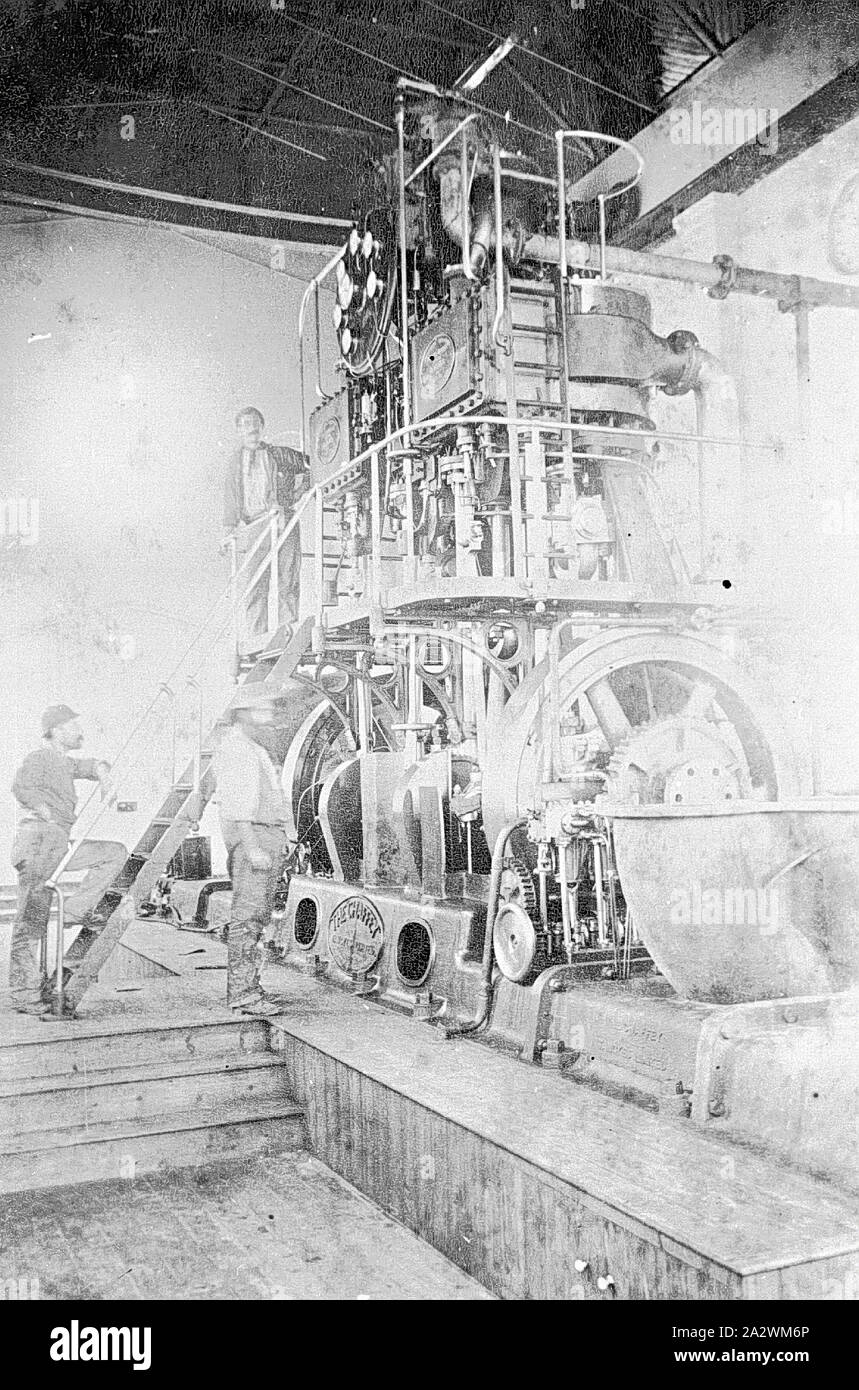 Negative - Drei Männer mit Bewässerung Pumpen Motor im Maschinenraum, Mildura, Victoria, ca. 1900, drei Männer mit Bewässerung Pumpen Motor im Maschinenraum. Der invertierte Triple-Erweiterung Dampfmaschine wurde durch Tangyes Ltd, Birmingham gebaut, nach einem Entwurf von George Chaffey, in über 1888 Stockfoto