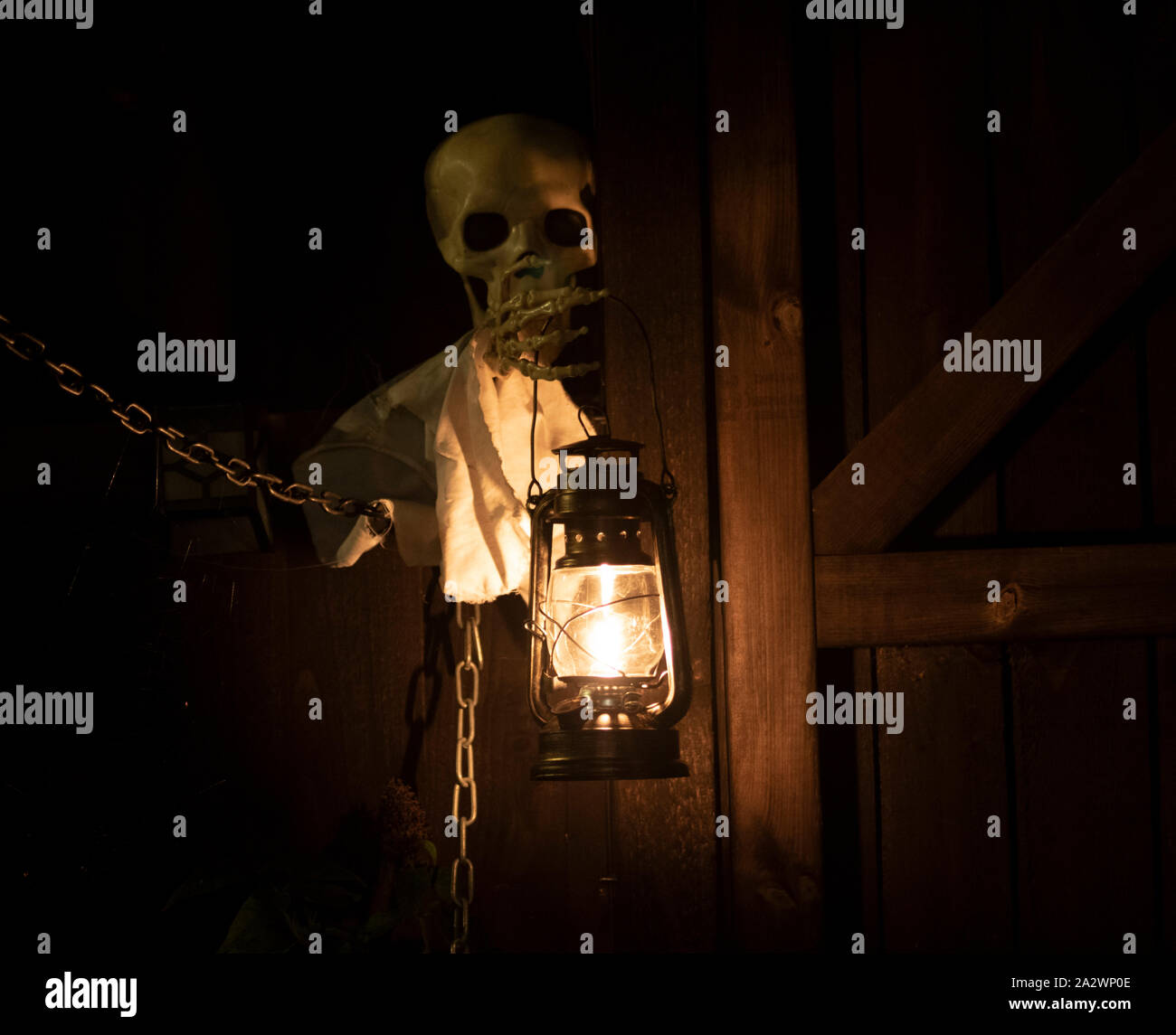Droitwich Spa, Worcester, England, Vereinigtes Königreich, 02.10.2019, Ghost Tours, Skelett, leuchtet eine Lampe gegen eine Holz- struktur in der Nacht. Hallo Stockfoto