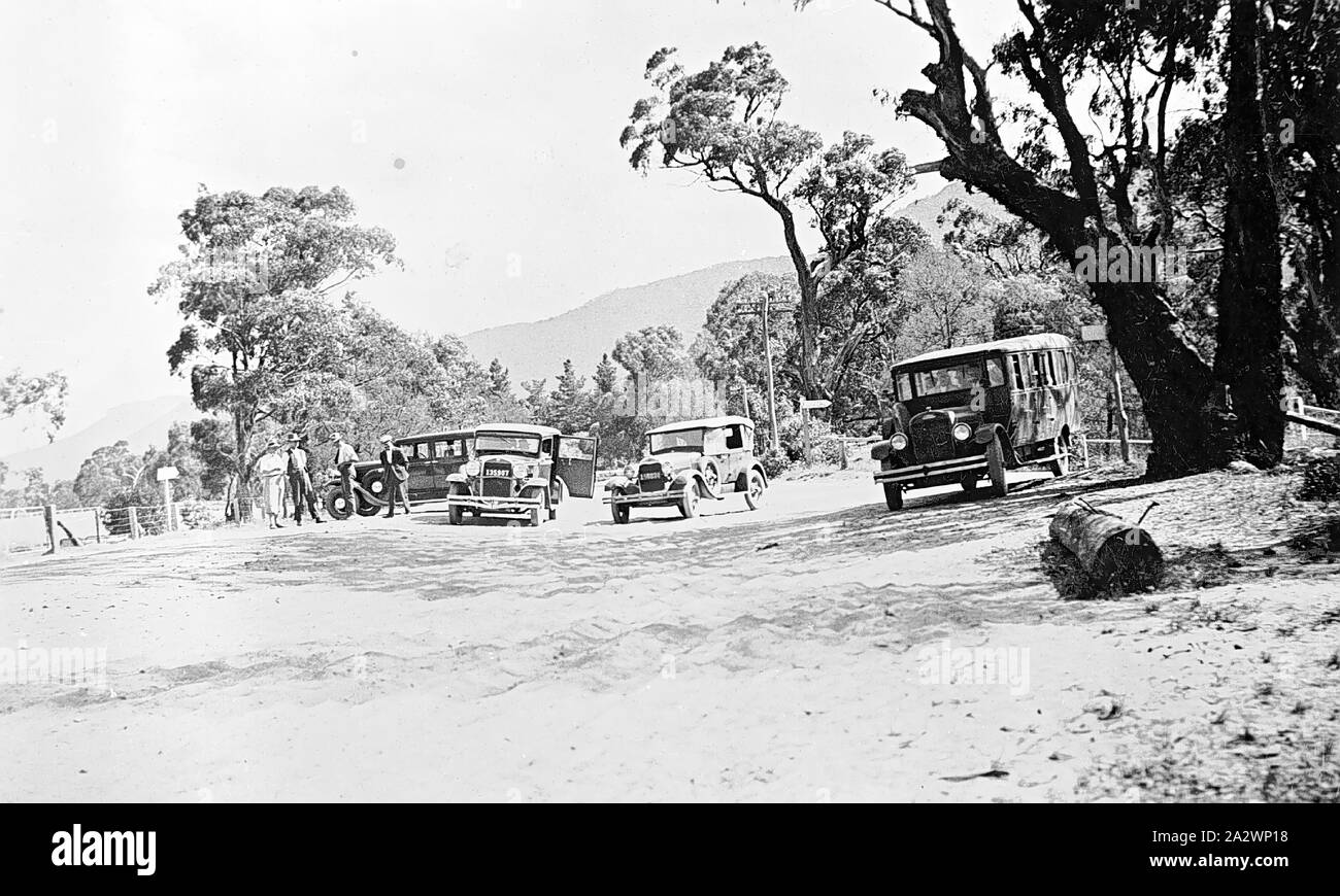 Negative - Kremserfahrt & Autos, Victoria, vor 1930, einer Kremserfahrt und drei Autos in einem Busch Einstellung geparkt Stockfoto
