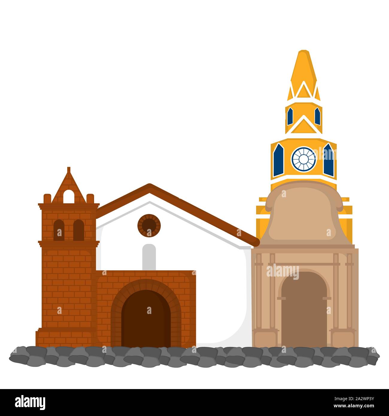 Clock Tower mit Kirche Bild-Vector Illustration Stock Vektor